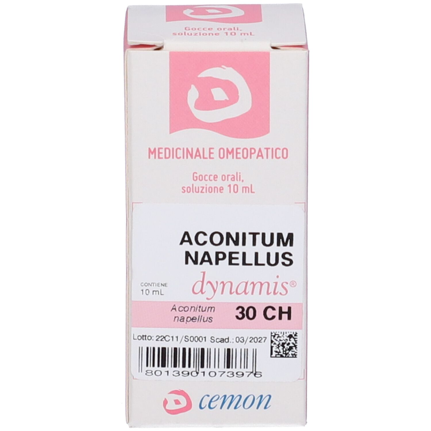 Confezione del prodotto. Scatola con nome del prodotto, dettagli rosa e informazioni. Logo Cemon.