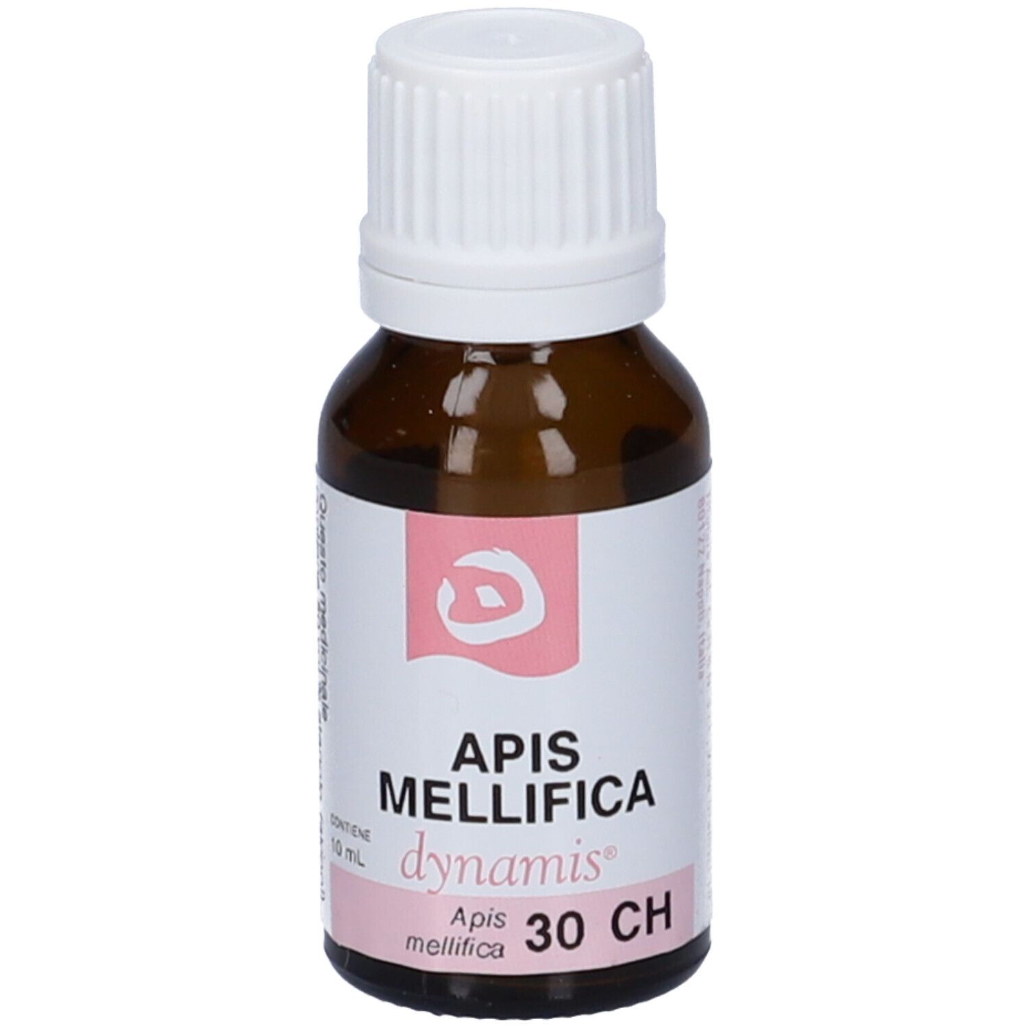 Flacone di vetro marrone con tappo bianco. Etichetta rosa con scritta Apis Mellifica 30 CH.