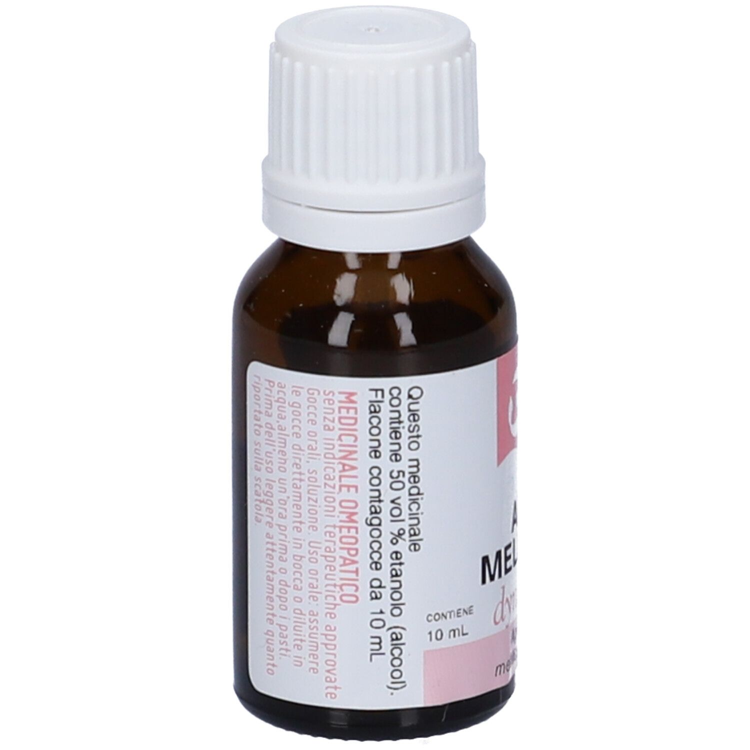 Flacone di vetro marrone con tappo bianco. Etichetta con testo e dettagli rosa. Contiene 50% etanolo.