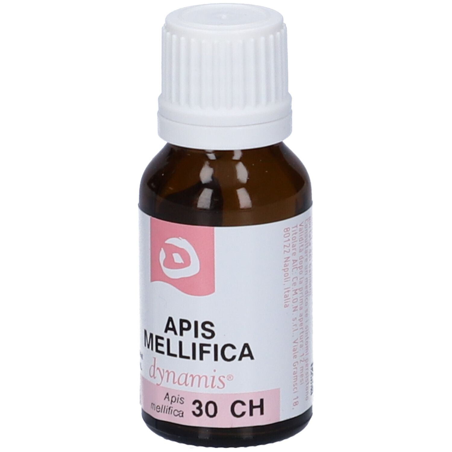 Flacone di vetro marrone con tappo bianco. Etichetta rosa con scritta Apis Mellifica 30 CH.