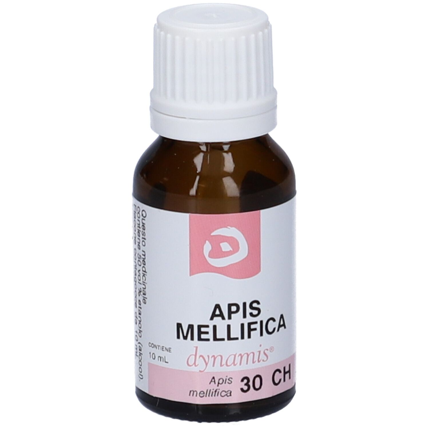 Flacone di vetro marrone con tappo bianco. Etichetta rosa con scritta Apis Mellifica 30 CH.