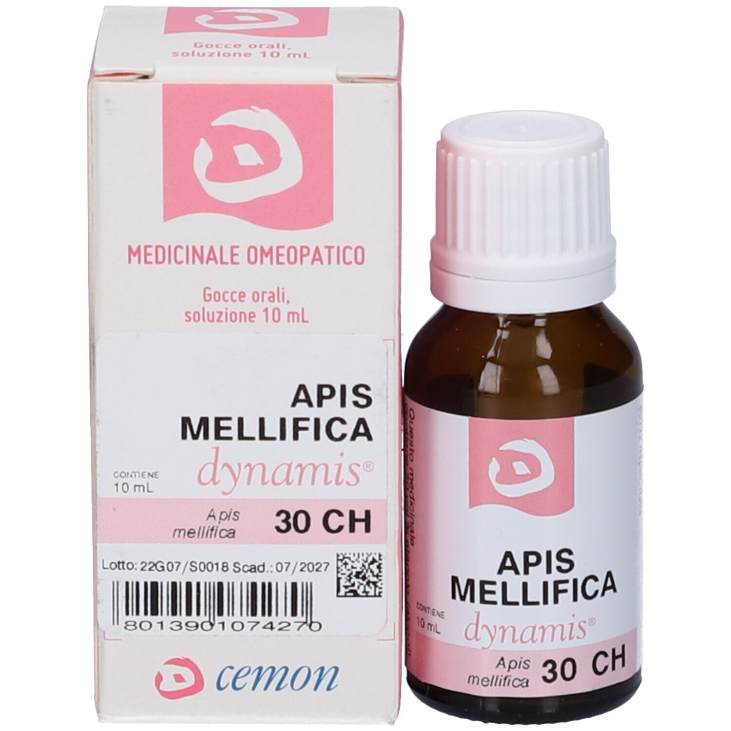 Confezione del prodotto con flacone. Scatola con dettagli rosa e scritta Apis Mellifica 30 CH.