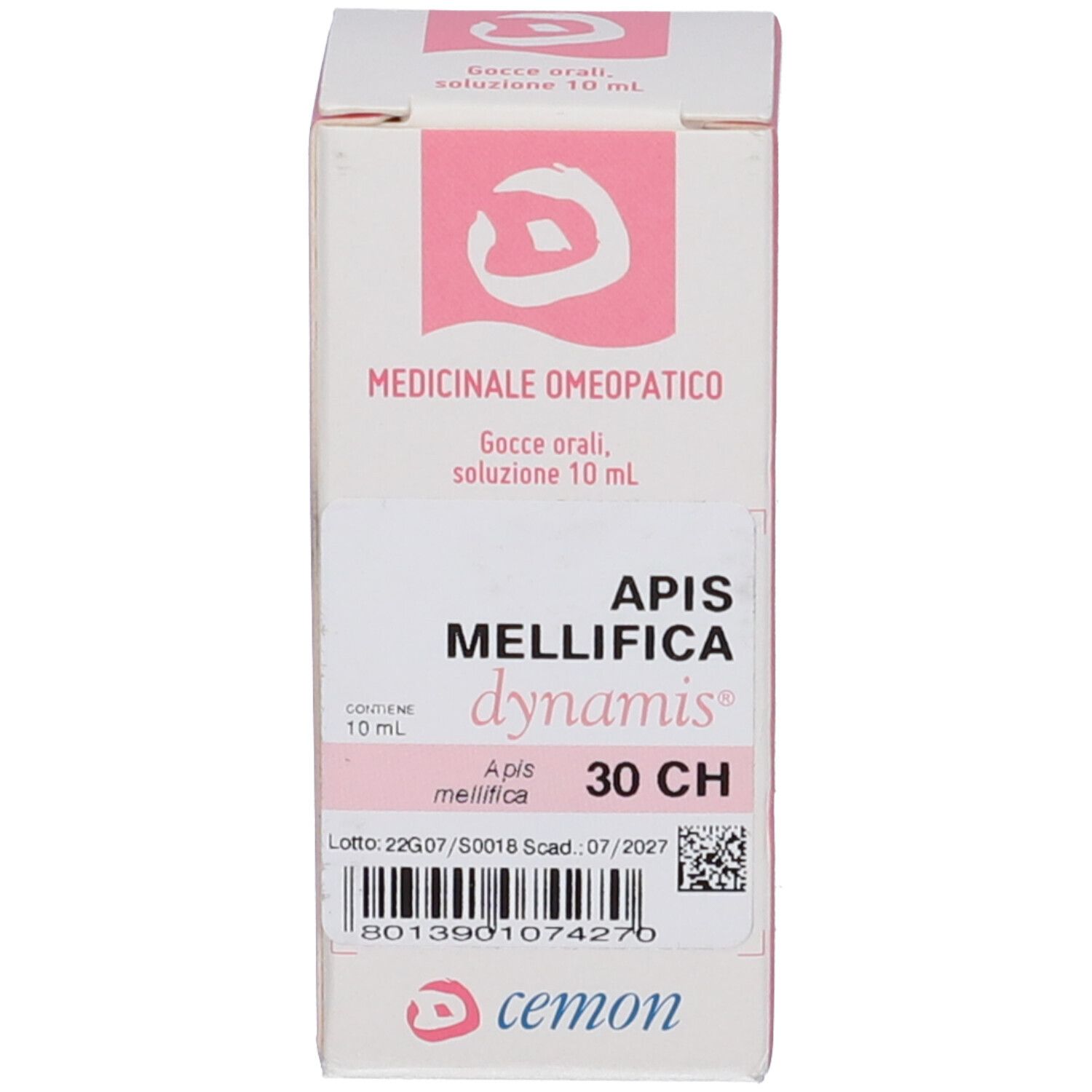 Confezione del prodotto con flacone. Scatola con dettagli rosa e scritta Apis Mellifica 30 CH.