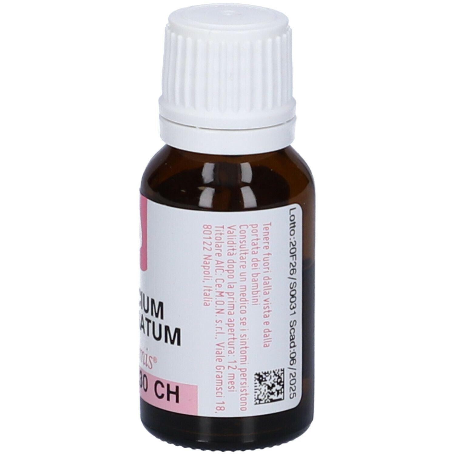 Flacone in vetro marrone con tappo bianco. Etichetta rosa con scritta: CALCIUM FLUORATUM, dynamis, 30 CH. 10 ml.