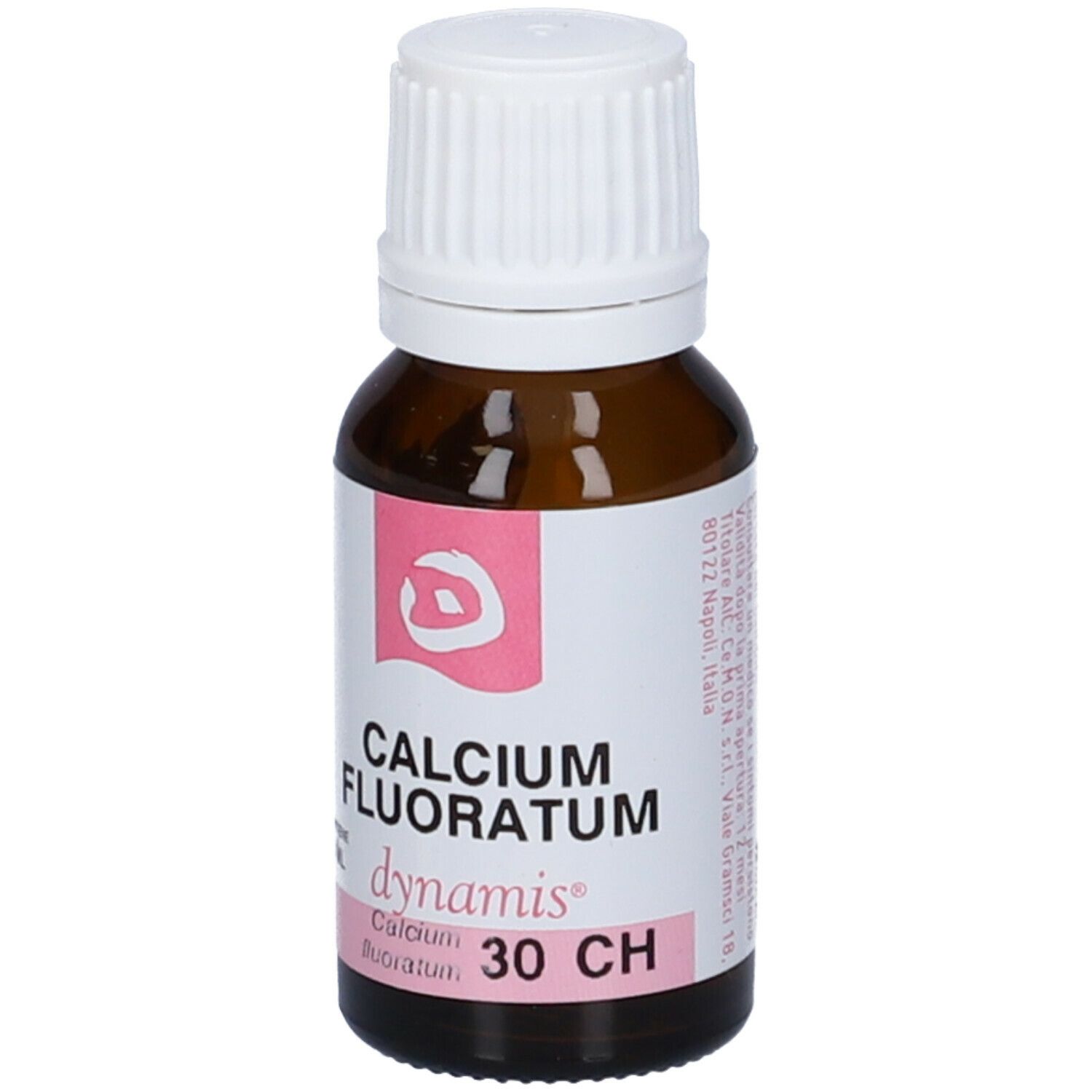 Flacone in vetro marrone con tappo bianco. Etichetta rosa con scritta: CALCIUM FLUORATUM, dynamis, 30 CH. 10 ml.