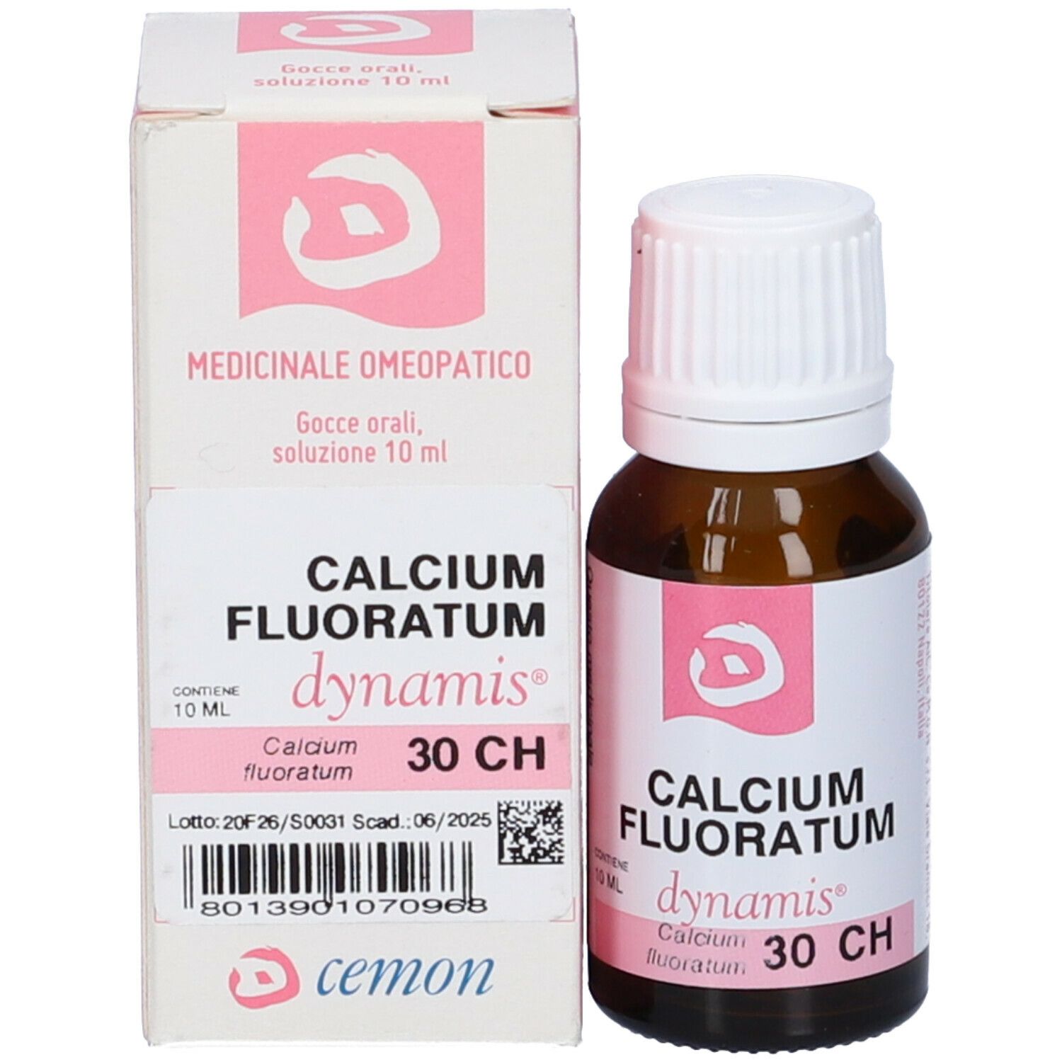 Confezione del prodotto con flacone. Scritta: CALCIUM FLUORATUM, dynamis, 30 CH. 10 ml. Contiene un flacone in vetro marrone.