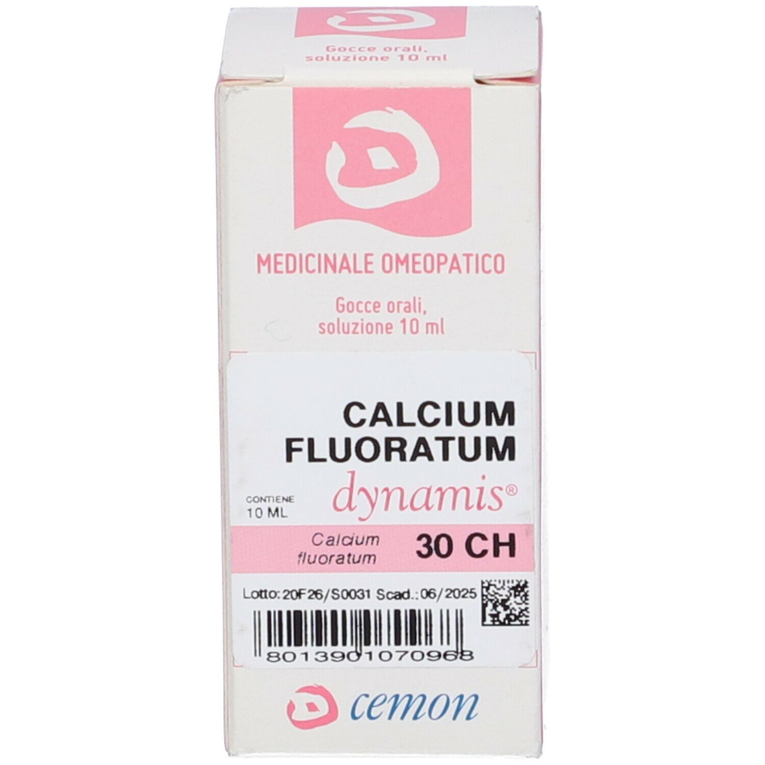 Confezione del prodotto. Scritta: CALCIUM FLUORATUM, dynamis, 30 CH. 10 ml. Contiene un flacone in vetro marrone.