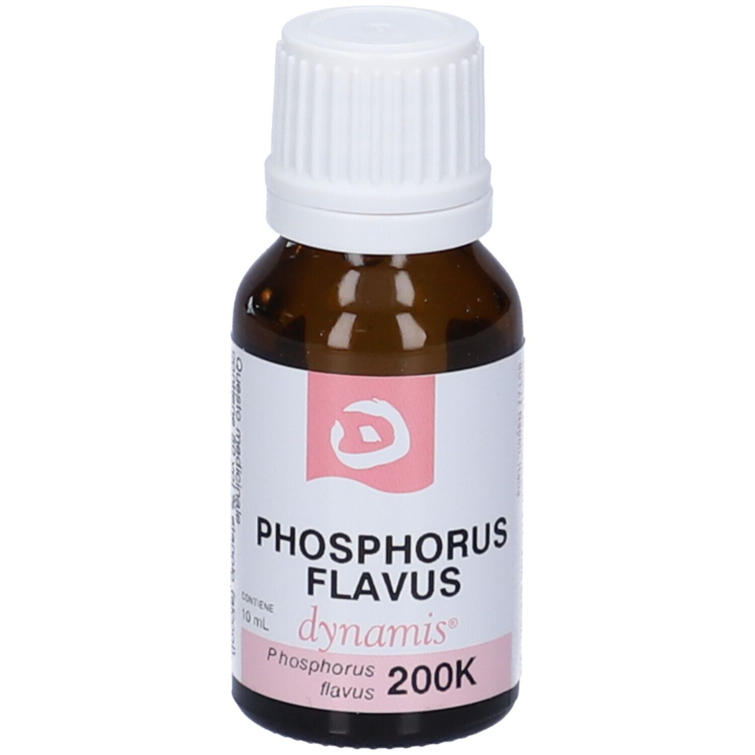 Flacone contagocce marrone, tappo bianco. Etichetta rosa: Phosphorus Flavus 200K, dynamis.