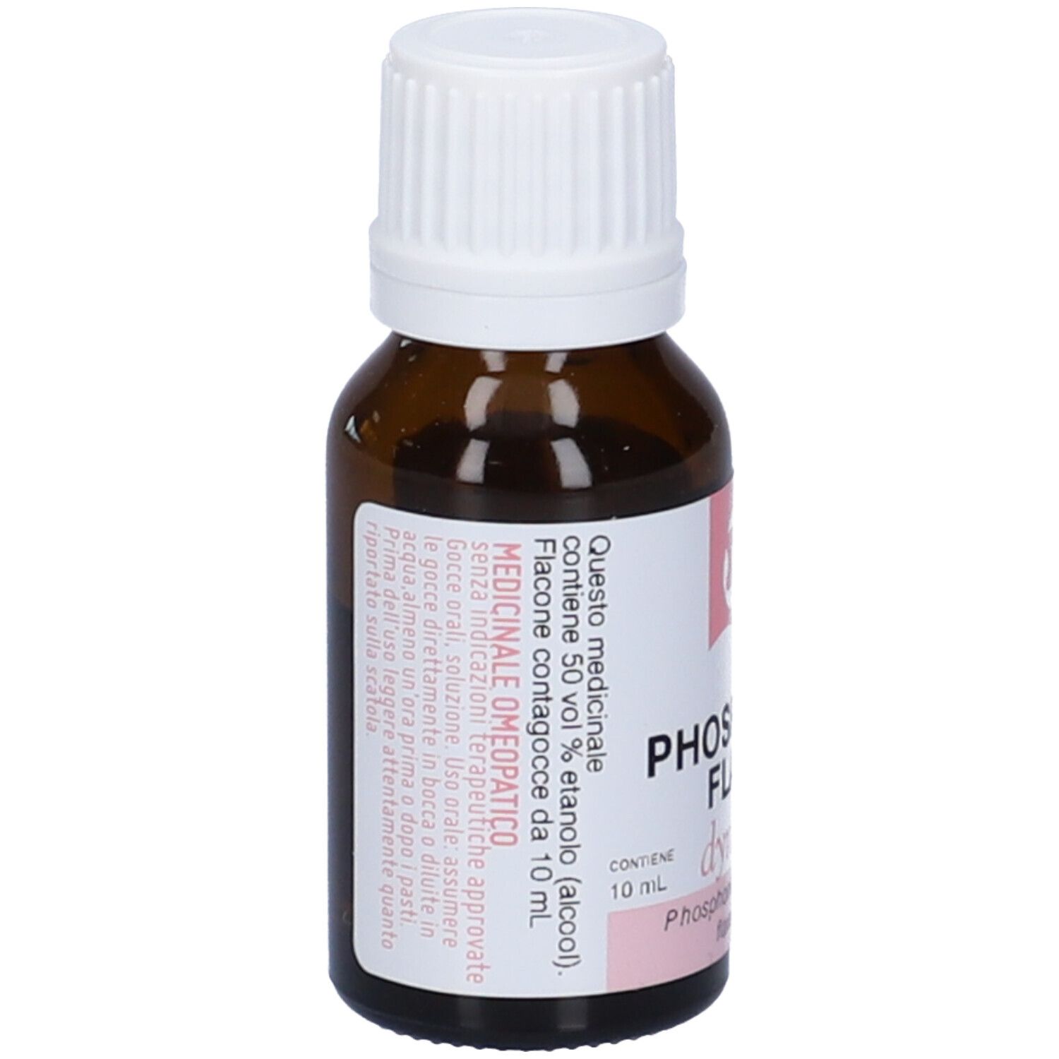 Flacone contagocce marrone, tappo bianco. Etichetta rosa con testo. Scritte: Phosphorus Flavus 200K, dynamis.
