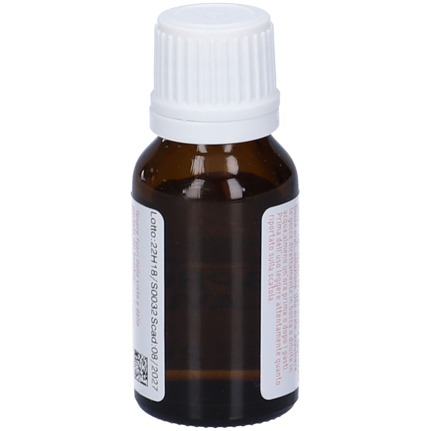 Flacone contagocce marrone, tappo bianco. Etichetta rosa con testo. Scritte: Phosphorus Flavus 200K, dynamis.