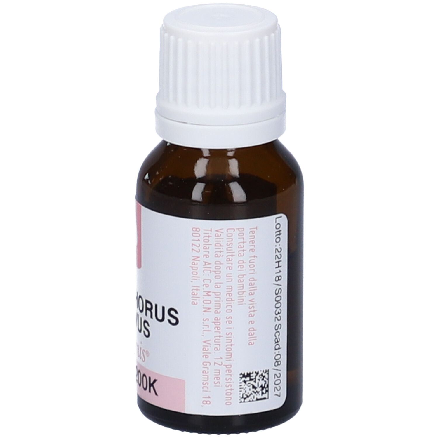 Flacone contagocce marrone, tappo bianco. Etichetta rosa con testo. Scritte: Phosphorus Flavus 200K, dynamis.