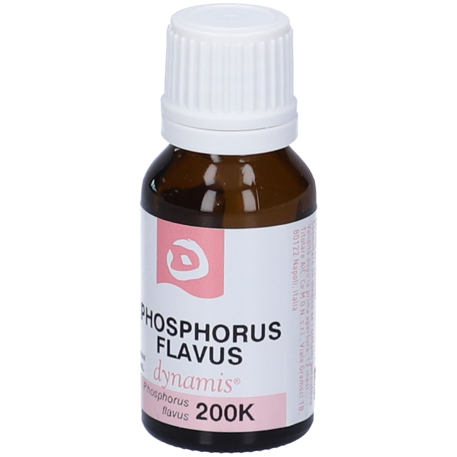 Flacone contagocce marrone, tappo bianco. Etichetta rosa con testo. Scritte: Phosphorus Flavus 200K, dynamis.
