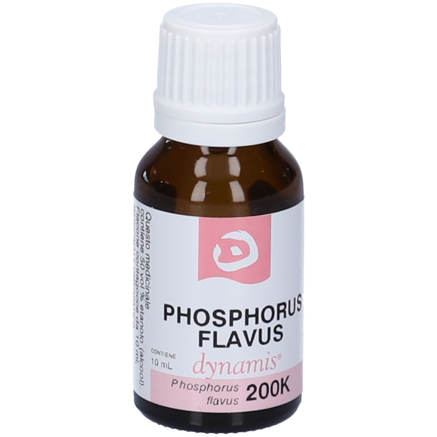 Flacone contagocce marrone, tappo bianco. Etichetta rosa con testo. Scritte: Phosphorus Flavus 200K, dynamis.