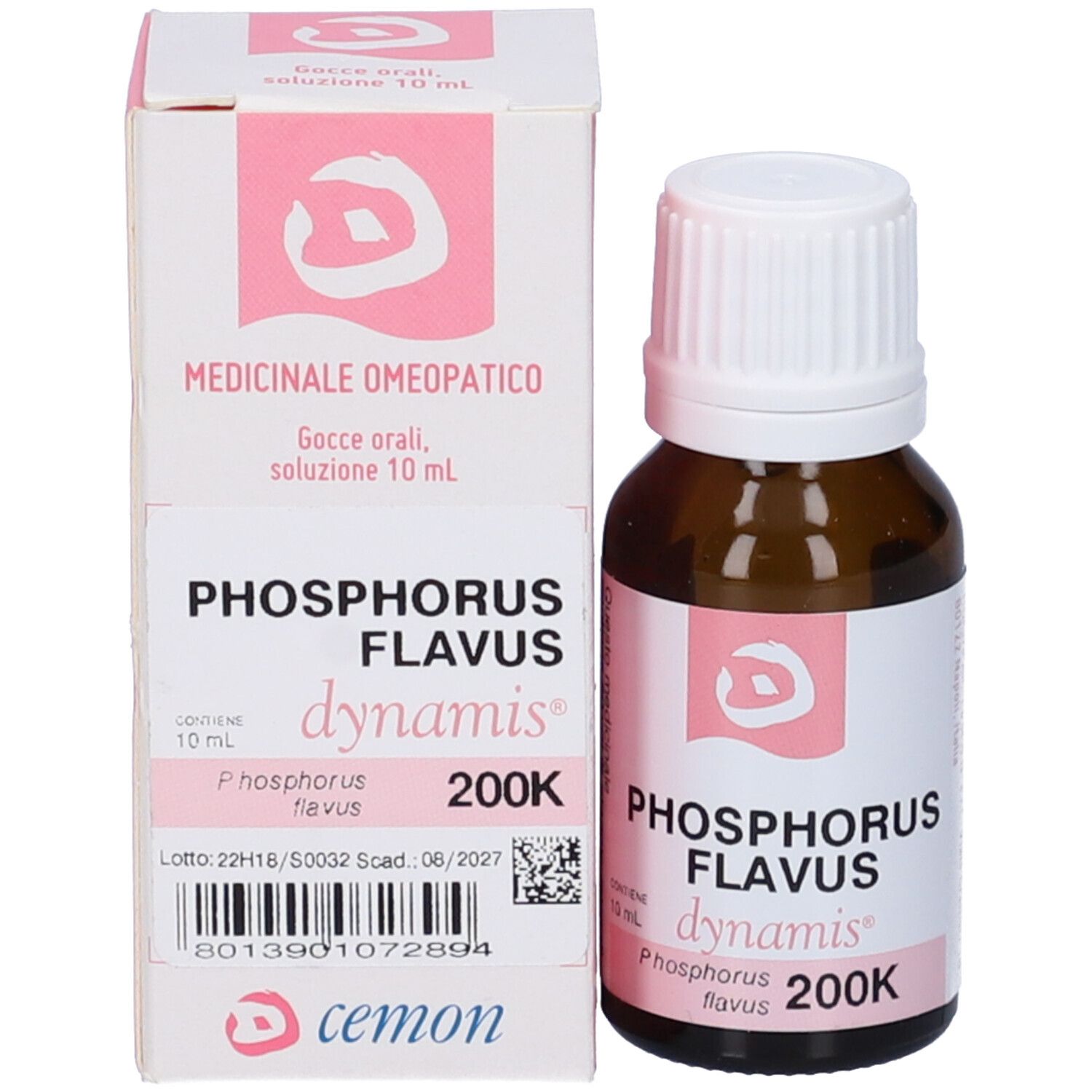 Flacone contagocce marrone e scatola. Scritte: Phosphorus Flavus 200K, dynamis. Etichetta e confezione rosa.