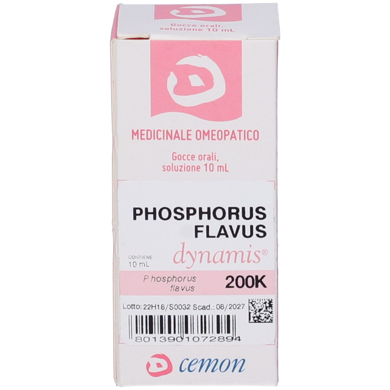 Scatola con etichetta rosa. Scritte: Phosphorus Flavus 200K, dynamis. Logo cemon.