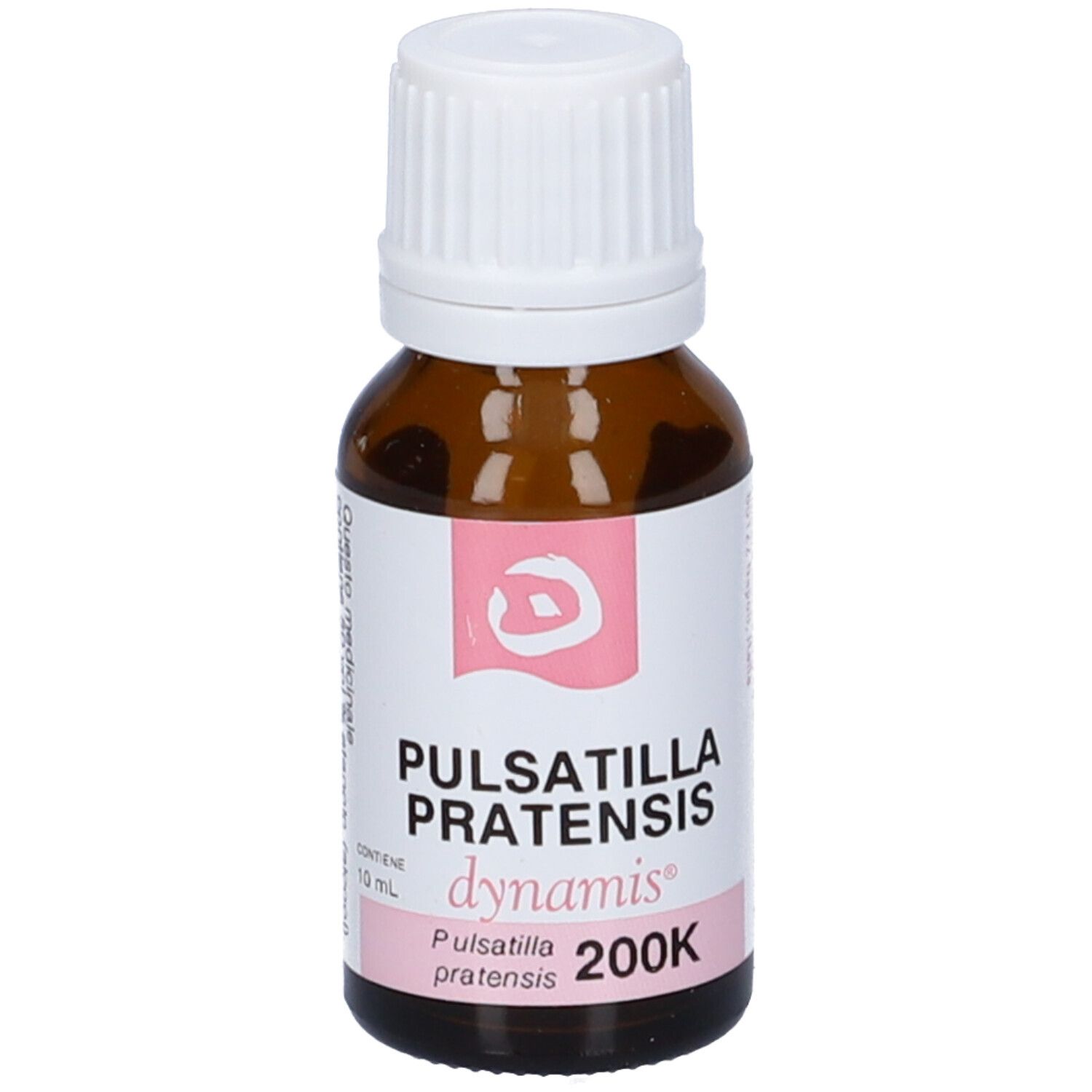 Flacone in vetro marrone con tappo bianco. Etichetta rosa: Pulsatilla Pratensis 200K, dynamis.