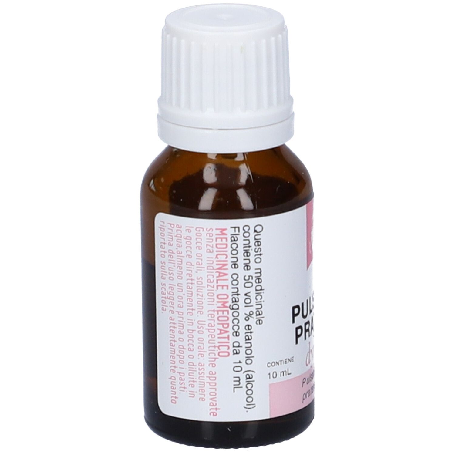 Flacone in vetro marrone con tappo bianco. Etichetta rosa con testo e logo. Contiene 10 ml.