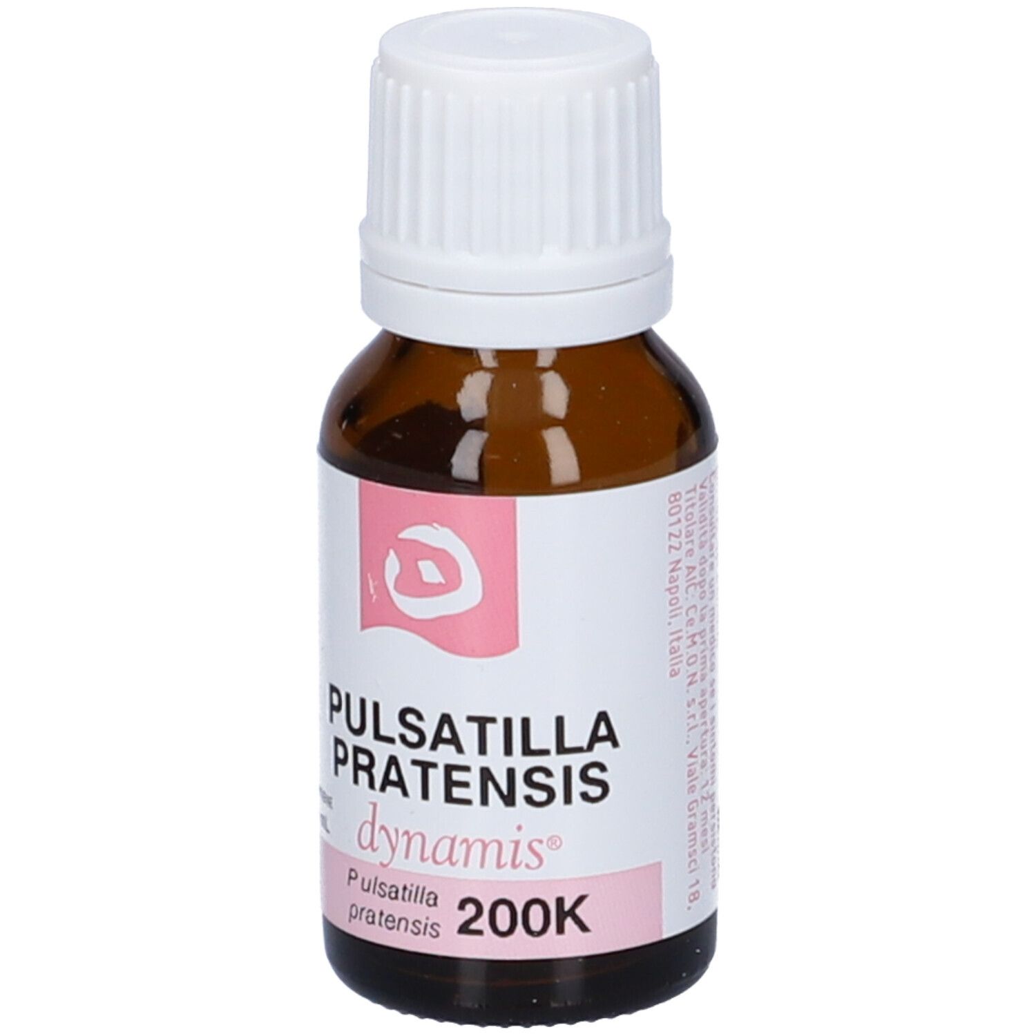 Flacone in vetro marrone con tappo bianco. Etichetta rosa: Pulsatilla Pratensis 200K, dynamis.