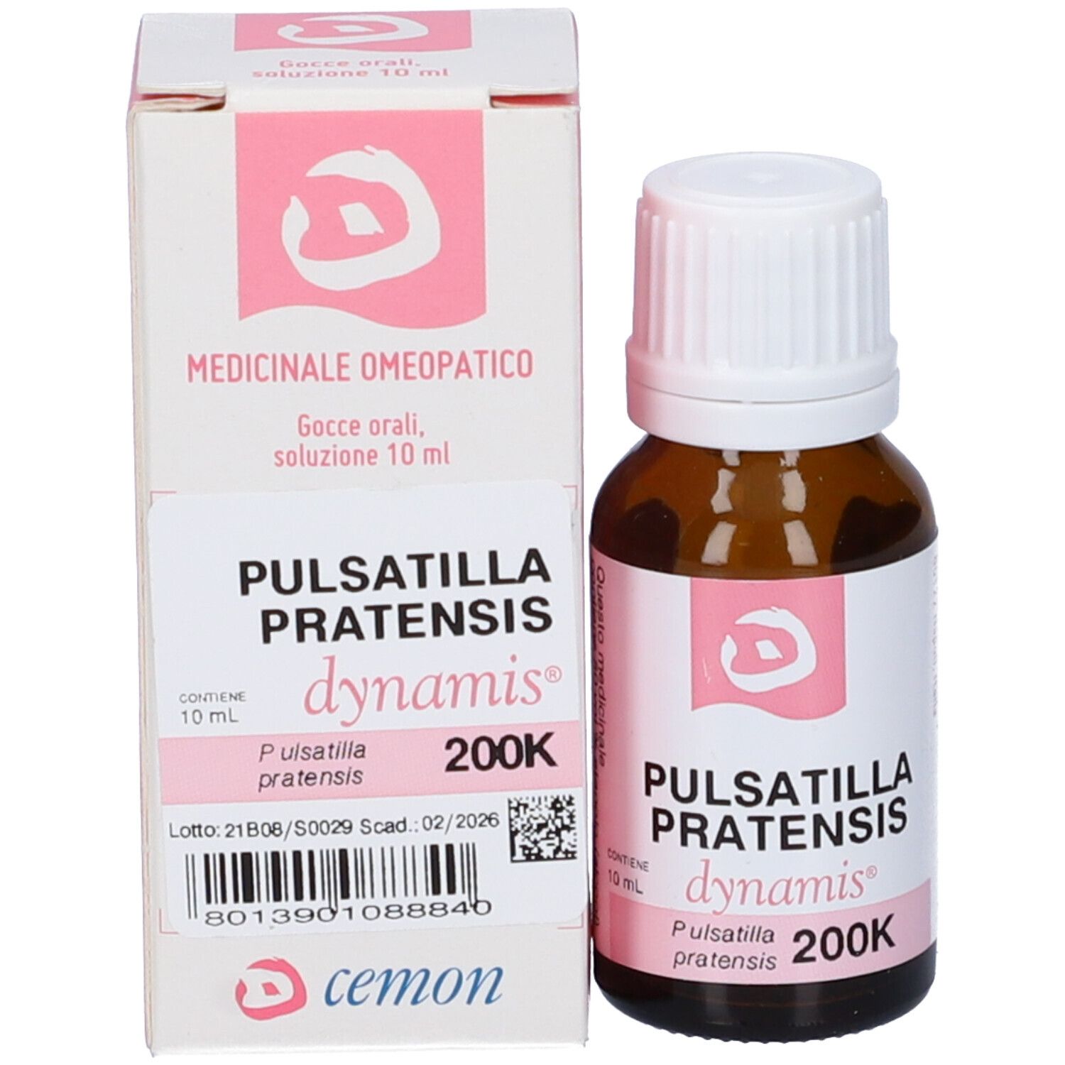 Flacone in vetro marrone e scatola. Scritte: Pulsatilla Pratensis 200K, dynamis, cemon.
