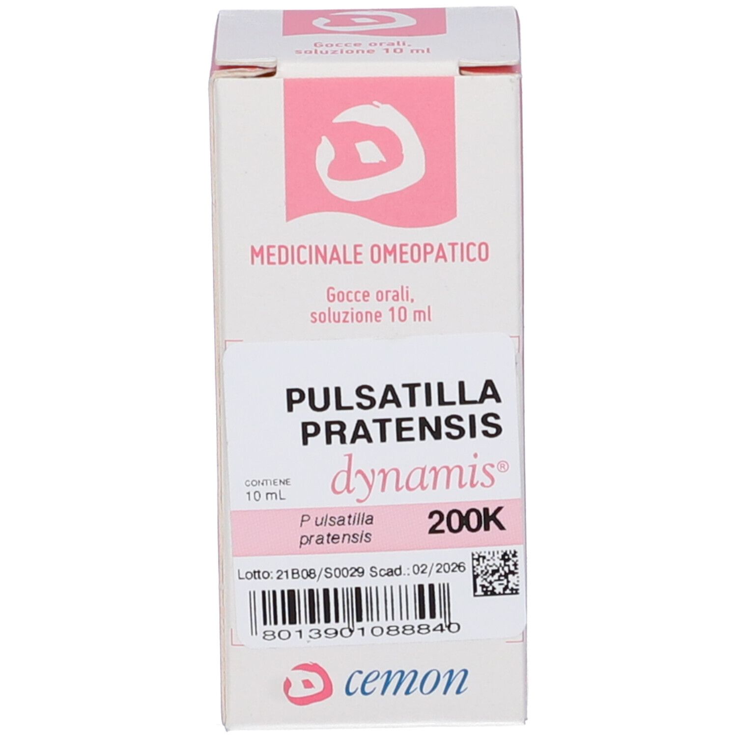 Scatola bianca con etichetta rosa. Scritte: Pulsatilla Pratensis 200K, dynamis, cemon.