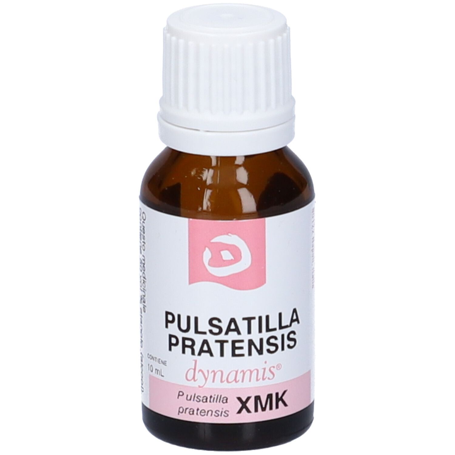 Flacone in vetro marrone con tappo bianco. Etichetta rosa con testo: Pulsatilla Pratensis, dynamis, XMK.
