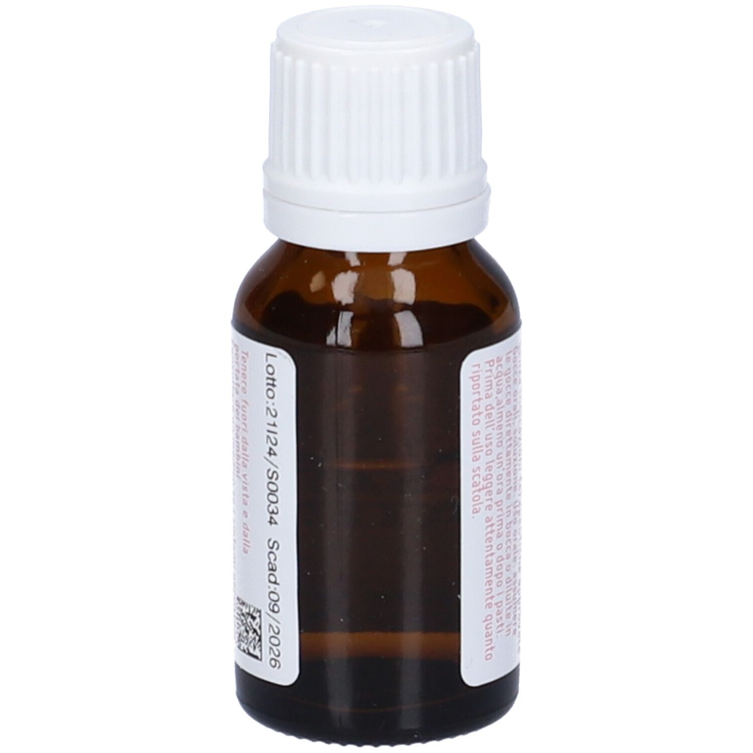 Flacone in vetro marrone con tappo bianco. Etichetta rosa con testo e scadenza 09/2026.