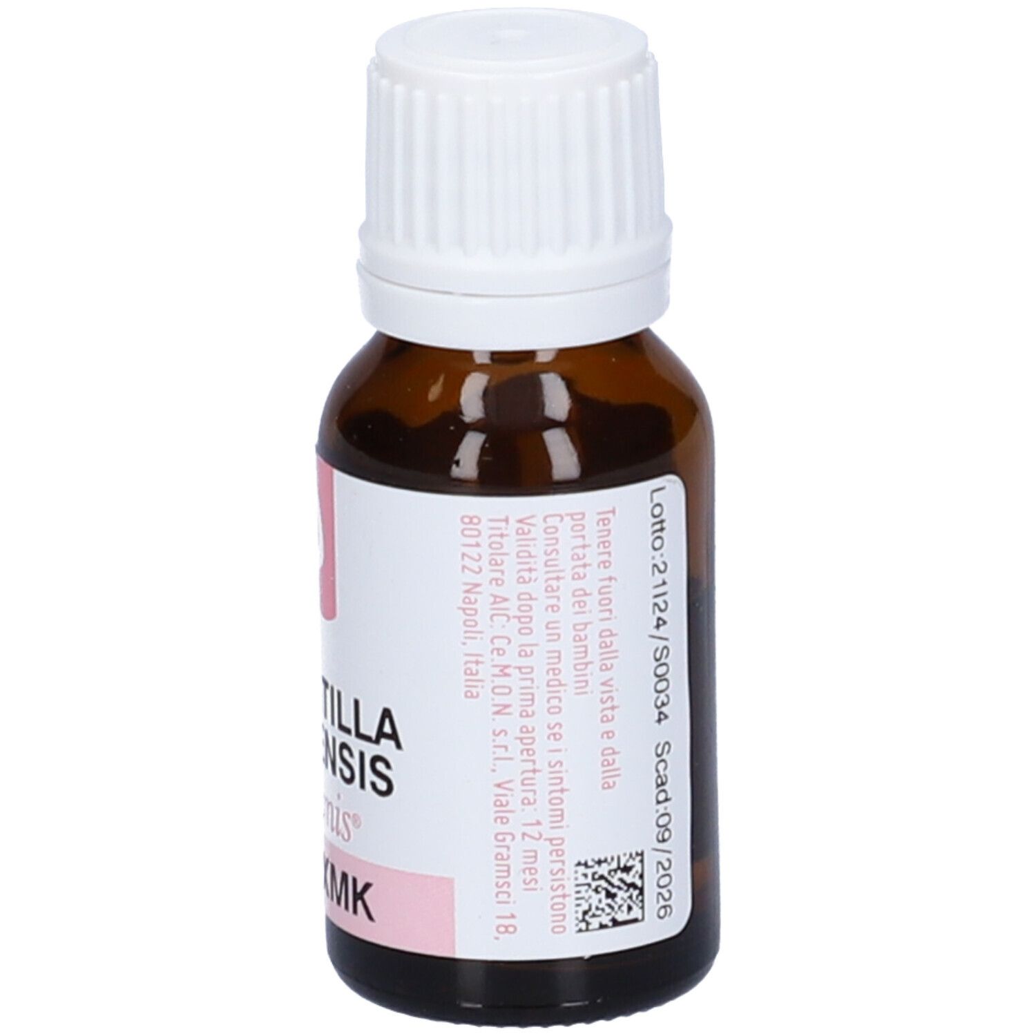 Flacone in vetro marrone con tappo bianco. Etichetta rosa con testo e scadenza 09/2026.