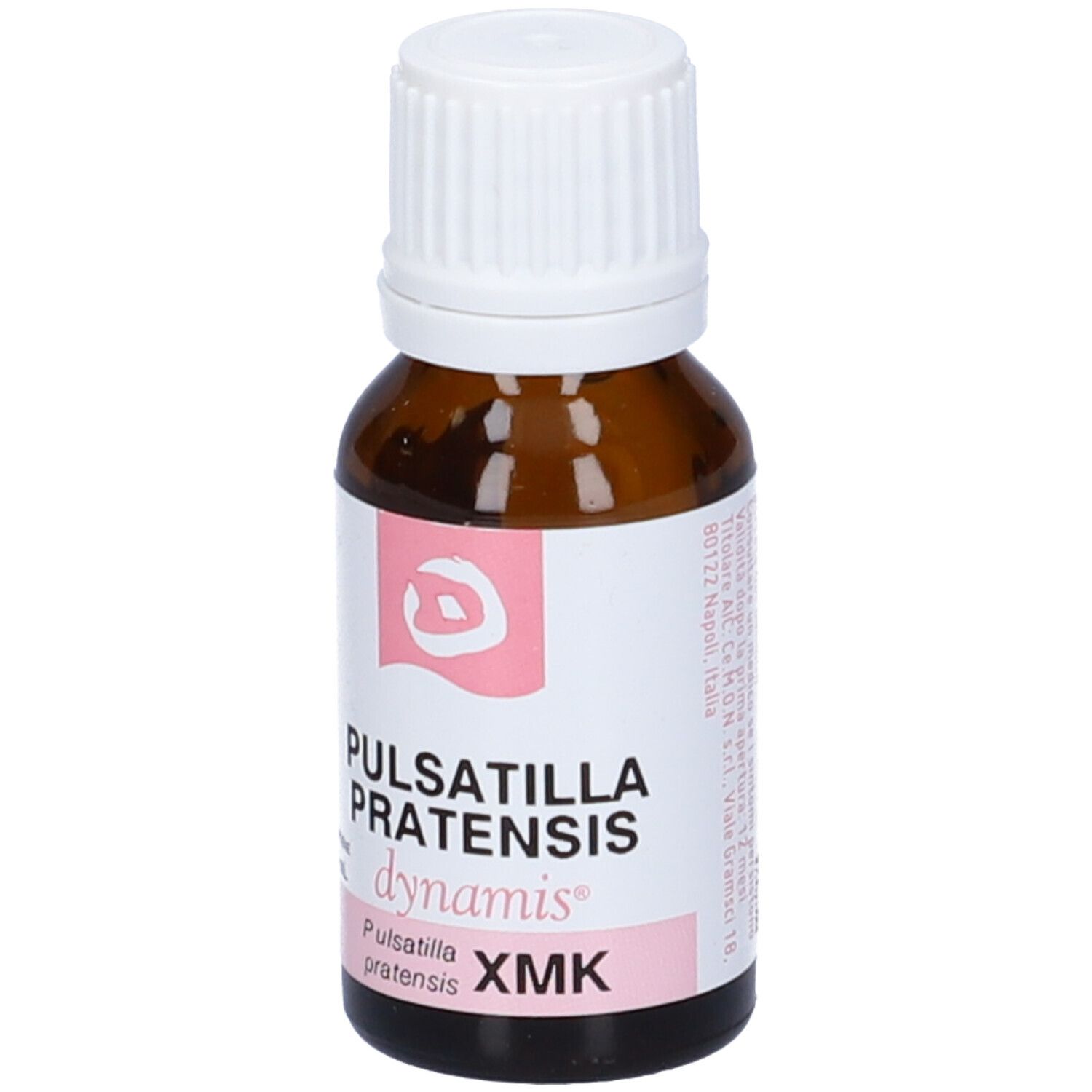Flacone in vetro marrone con tappo bianco. Etichetta rosa con testo: Pulsatilla Pratensis, dynamis, XMK.