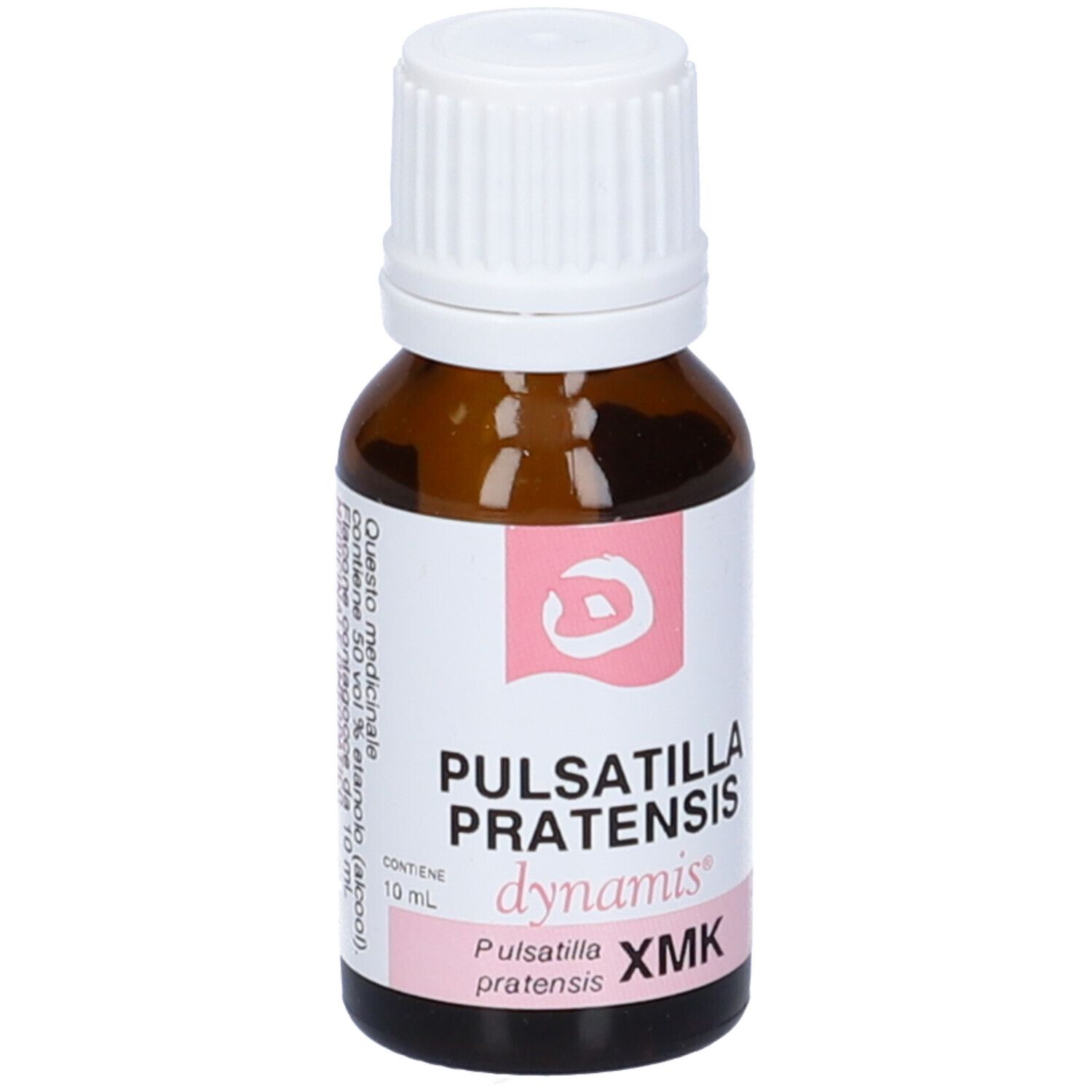 Flacone in vetro marrone con tappo bianco. Etichetta rosa con testo e 10 ml.