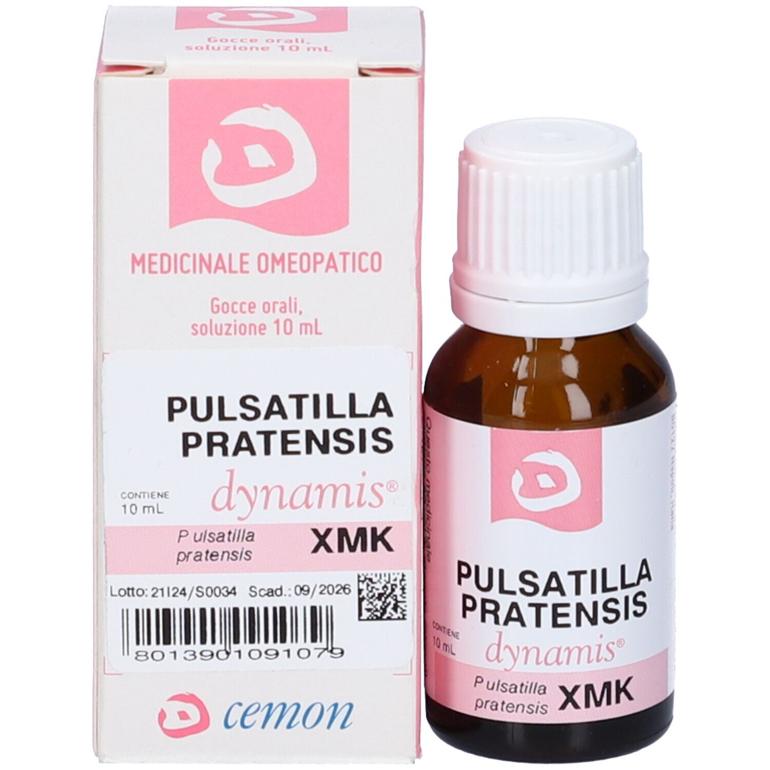 Flacone in vetro marrone e scatola. Scatola con testo: Pulsatilla Pratensis, dynamis, XMK, 10 ml.