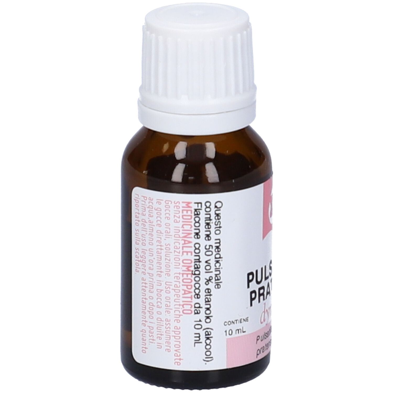 Flacone contagocce marrone con tappo bianco. Etichetta con testo e logo. Contiene 50% etanolo.