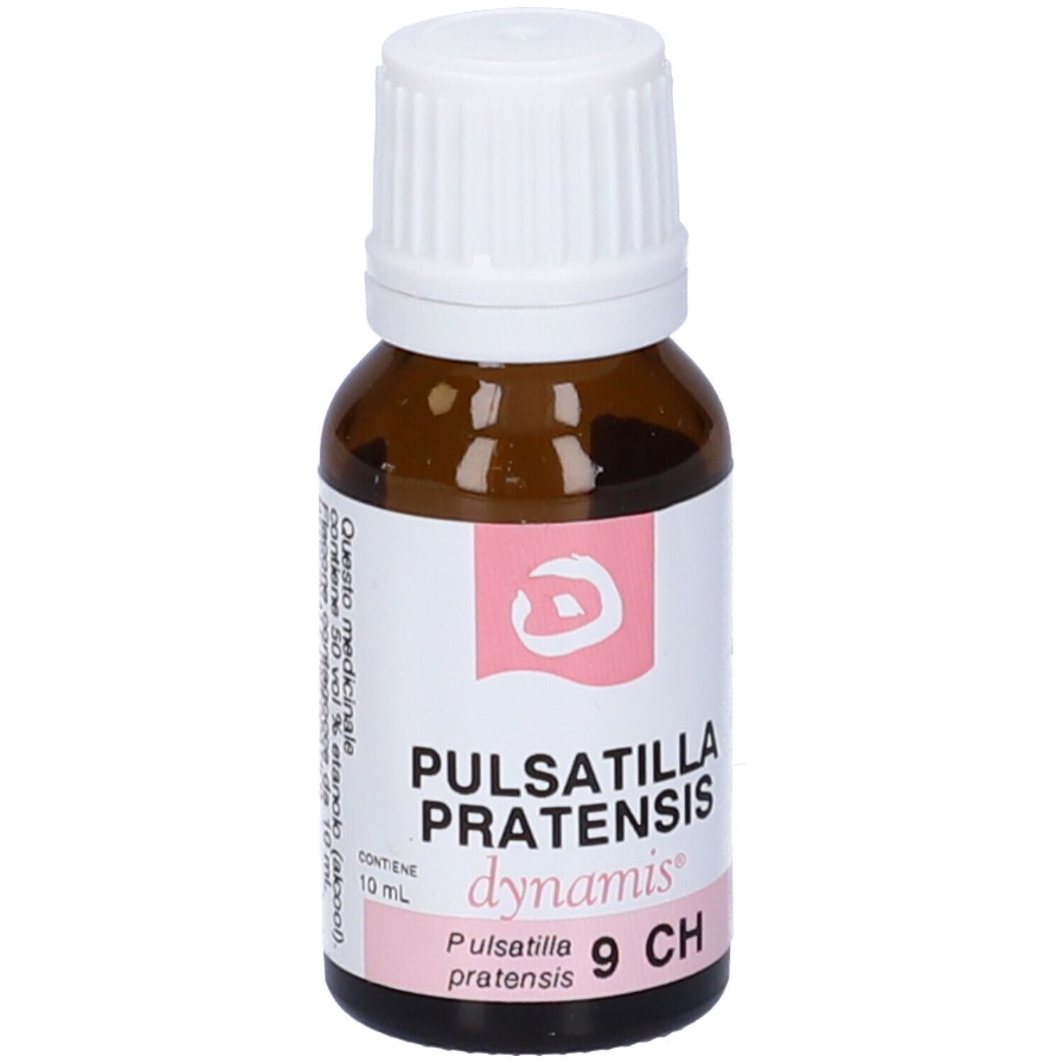 Flacone contagocce marrone con tappo bianco. Scritte: Pulsatilla Pratensis, dynamis, 9 CH. Etichetta con logo.