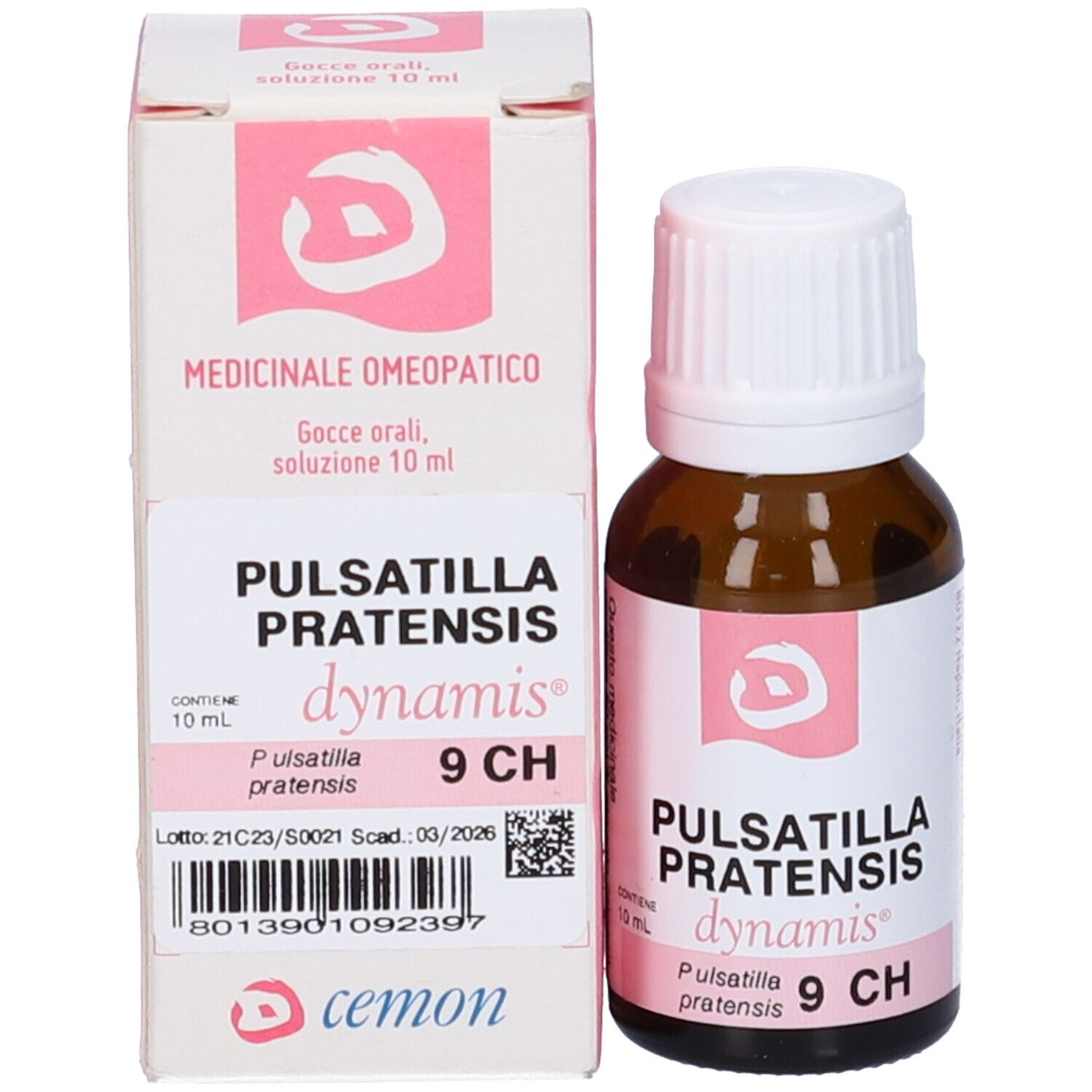 Flacone contagocce marrone e scatola. Scritte: Pulsatilla Pratensis, dynamis, 9 CH. Scatola con logo.