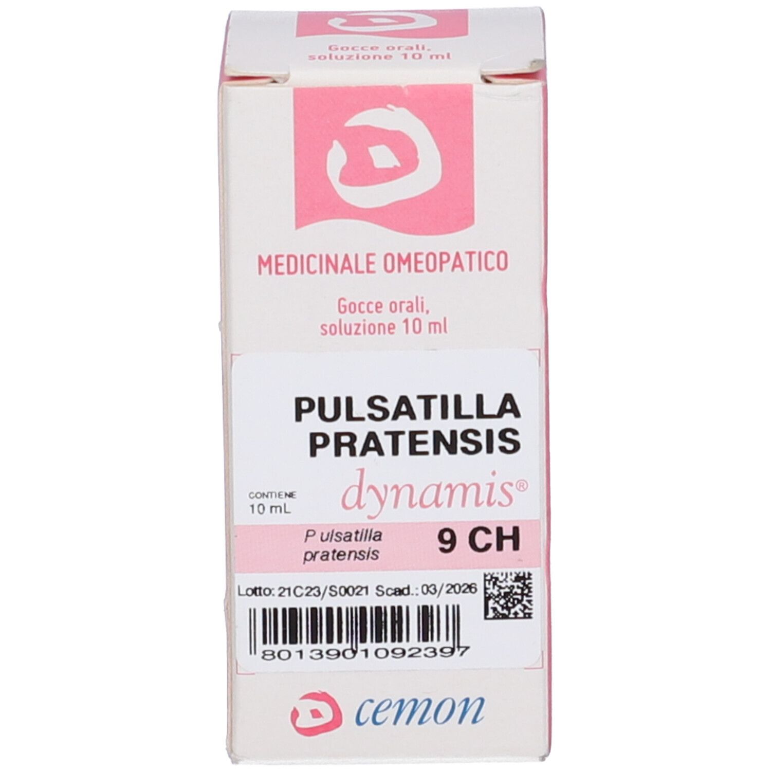 Scatola con scritte: Pulsatilla Pratensis, dynamis, 9 CH. Logo e testo.
