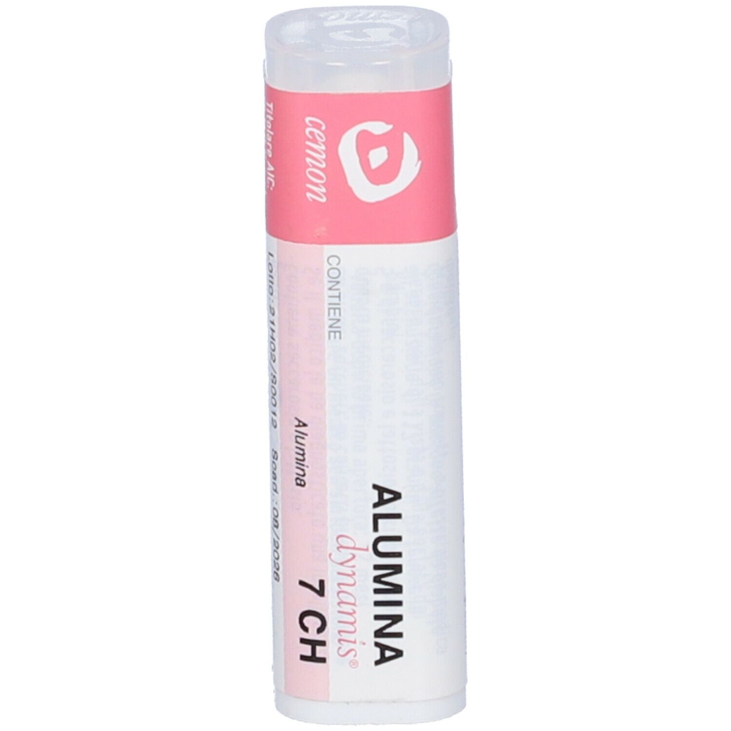 Confezione cilindrica con etichetta rosa. "ALUMINA dynamis 7 CH" e "cemon" visibili.