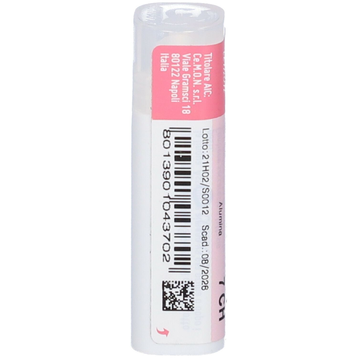 Confezione cilindrica con etichetta rosa. "ALUMINA dynamis 7 CH" e "cemon" visibili.