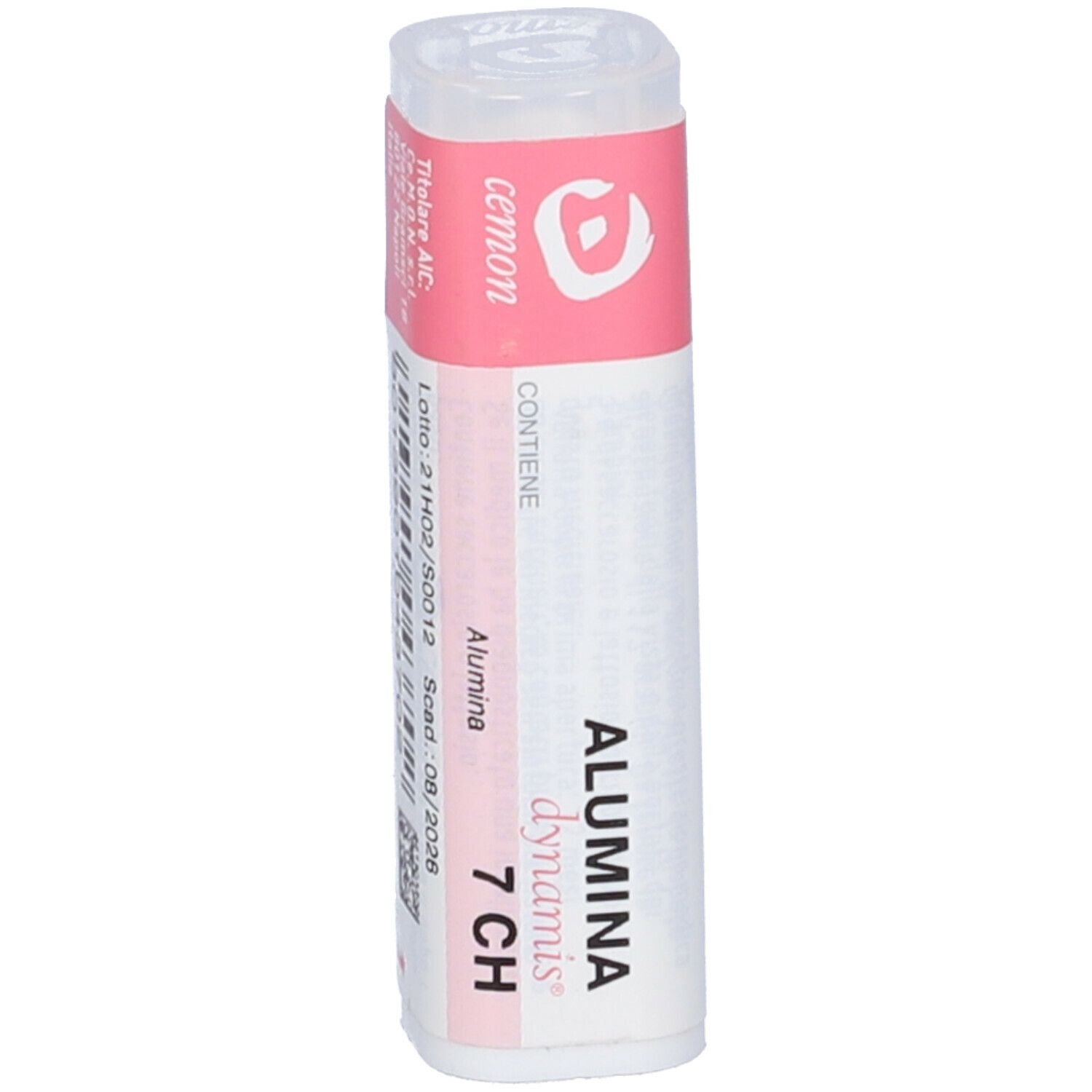 Confezione cilindrica con etichetta rosa. "ALUMINA dynamis 7 CH" e "cemon" visibili.