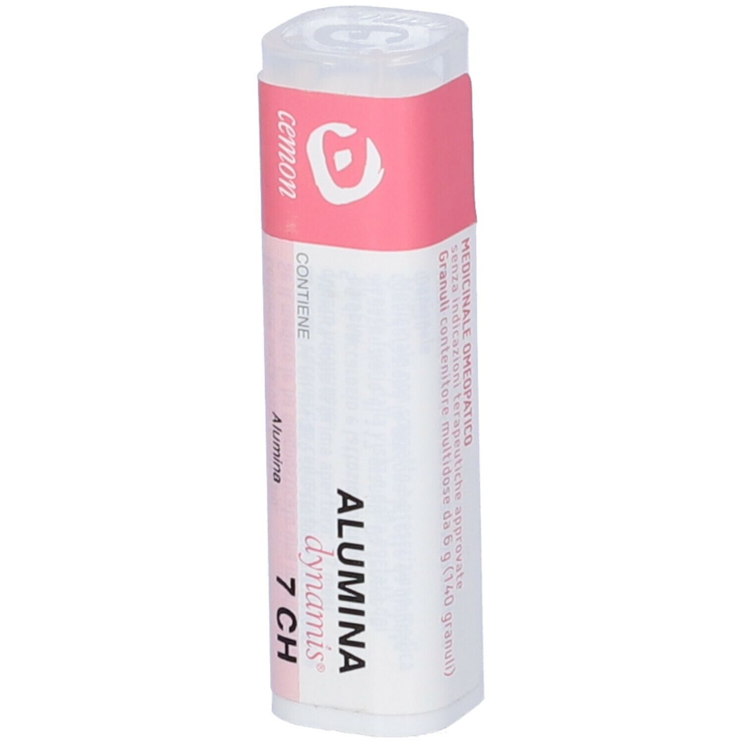Confezione cilindrica con etichetta rosa. "ALUMINA dynamis 7 CH" e "cemon" visibili.