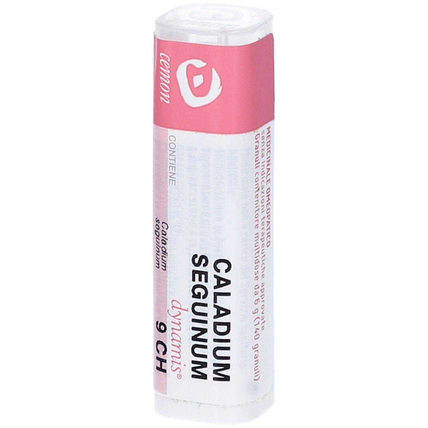 Confezione cilindrica con fascia rosa. Testo: Caladium Seguinum 9 CH, dynamis, Cemon.