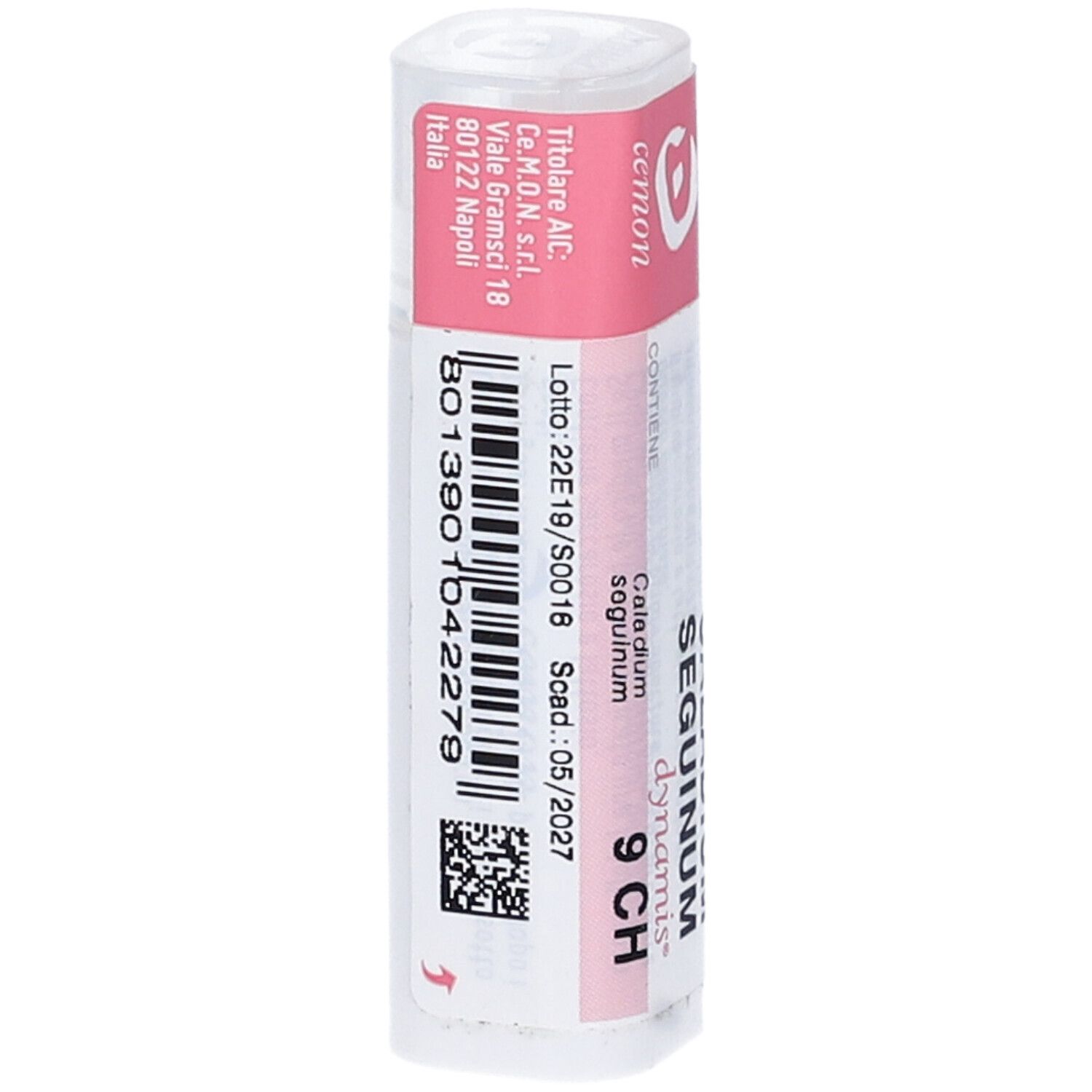 Confezione cilindrica con fascia rosa. Testo: Caladium Seguinum 9 CH, dynamis, Cemon. Codice a barre e numero di lotto.