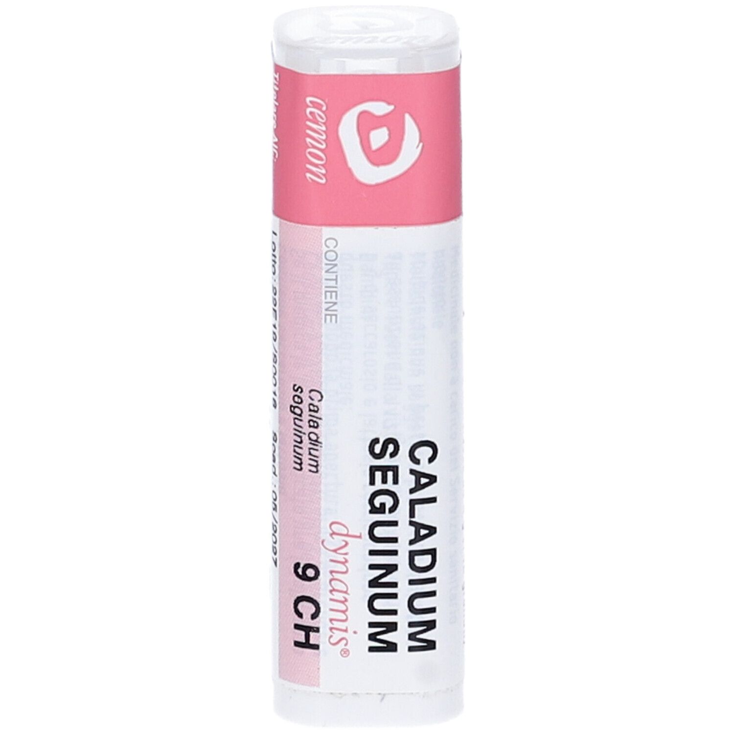Confezione cilindrica con fascia rosa. Testo: Caladium Seguinum 9 CH, dynamis, Cemon.