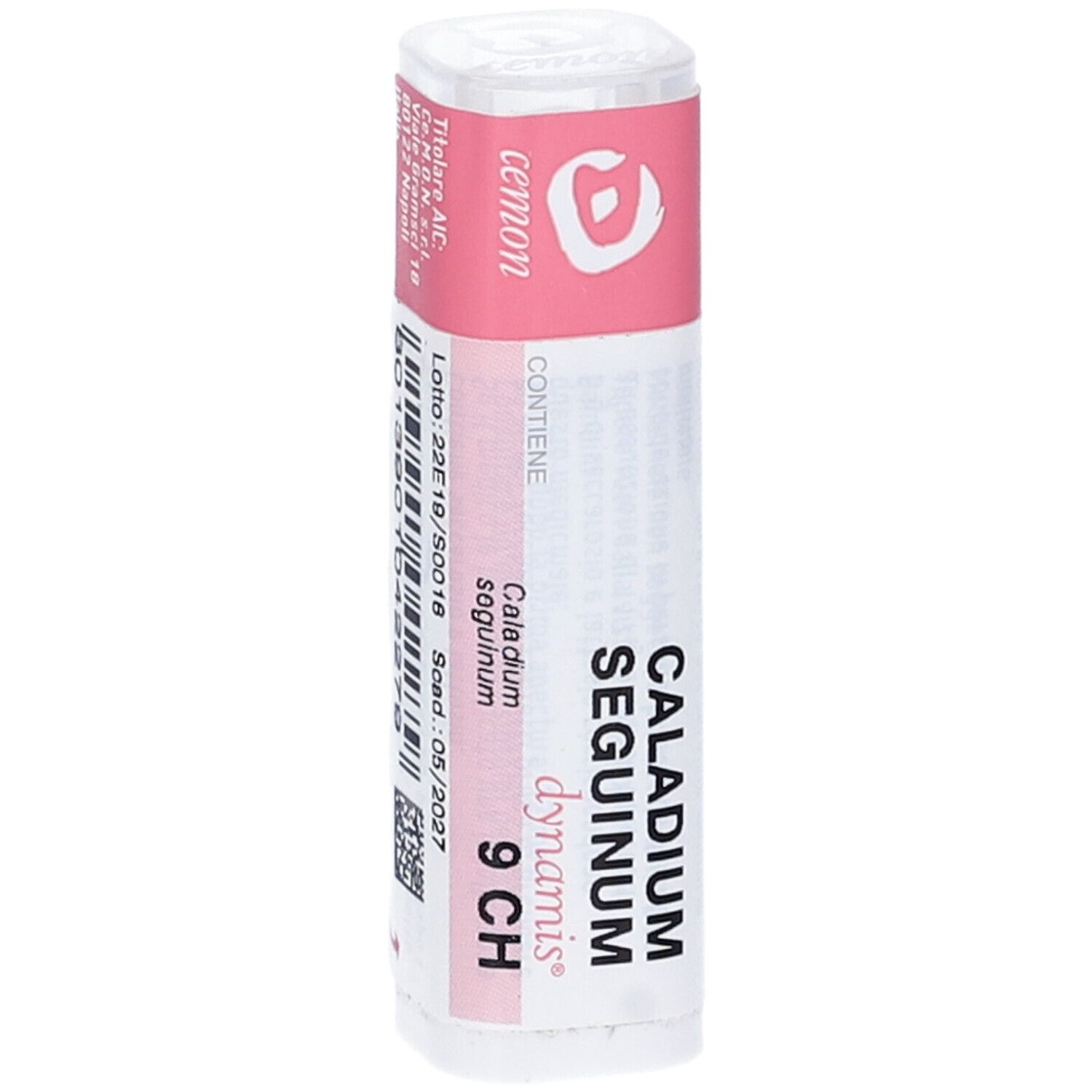Confezione cilindrica con fascia rosa. Testo: Caladium Seguinum 9 CH, dynamis, Cemon. Codice a barre e numero di lotto.