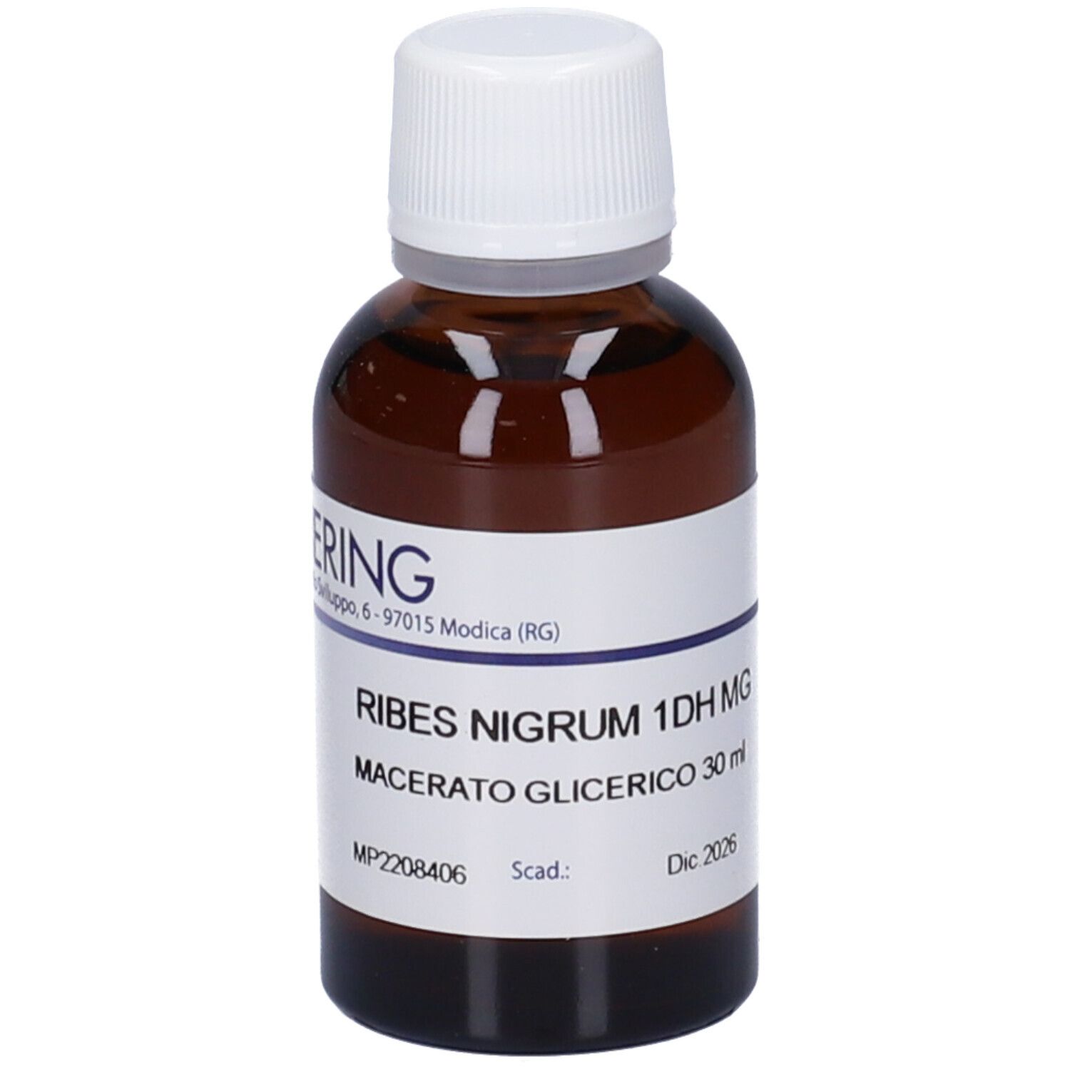 Flacone di vetro marrone con tappo bianco ed etichetta. Scritta: Ribes Nigrum 1DH MG, Macerato Glicerico. Marchio HERING.