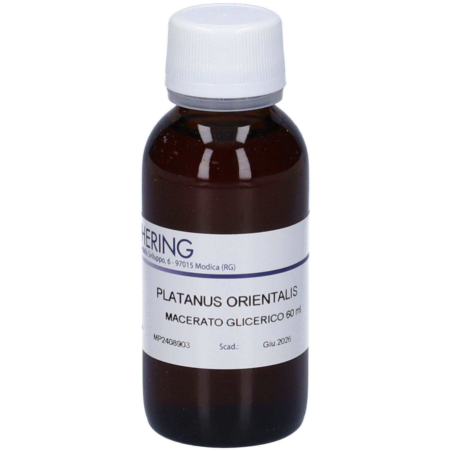 Flacone di vetro marrone con tappo bianco ed etichetta. Scritta: HERING, Platanus Orientalis, Macerato Glicerico.