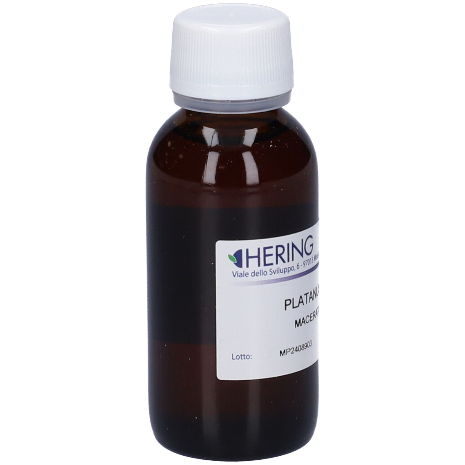 Flacone di vetro marrone con tappo bianco ed etichetta. Scritta: HERING, Platanus Orientalis, Macerato Glicerico.