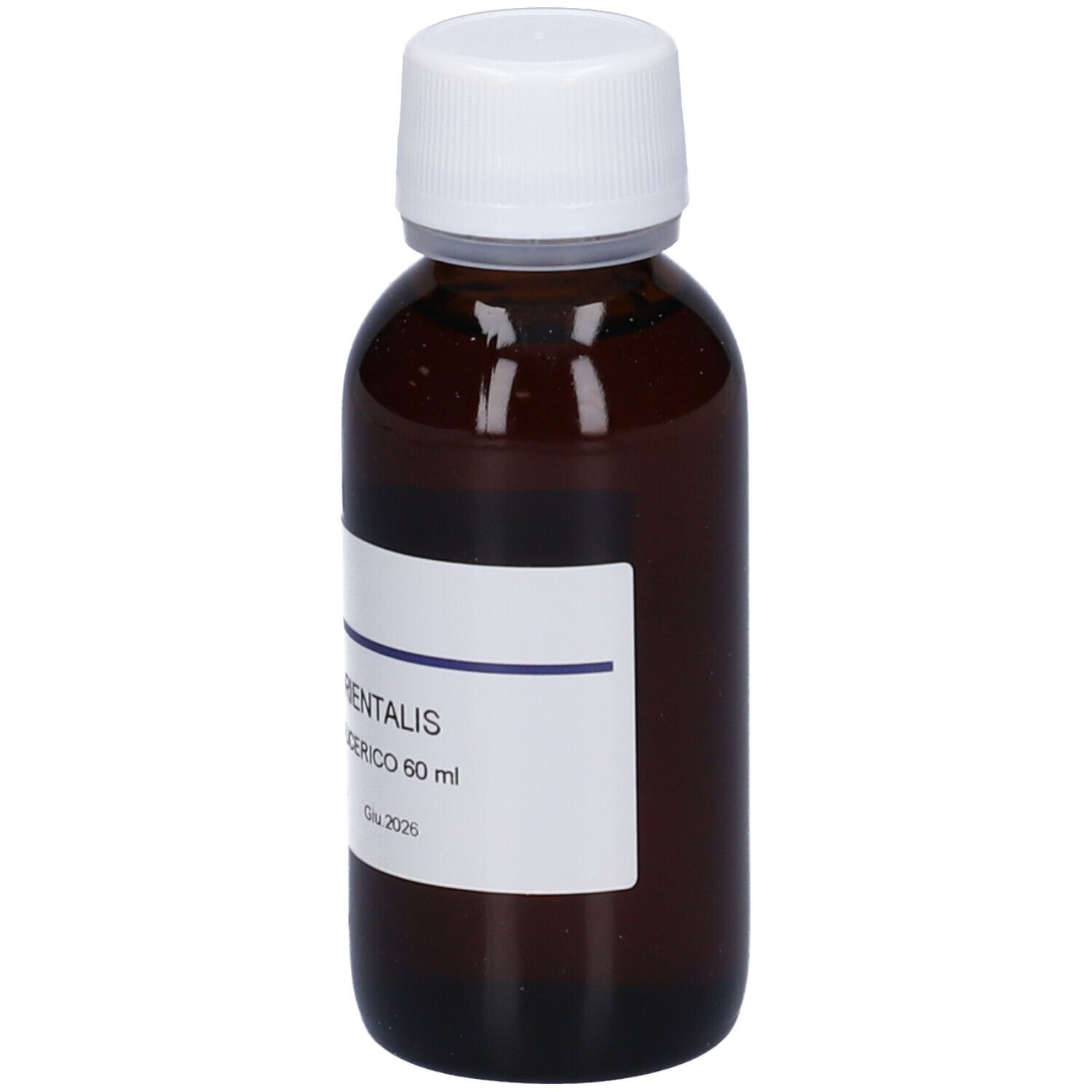 Flacone di vetro marrone con tappo bianco ed etichetta. Scritta: Platanus Orientalis, Macerato Glicerico.