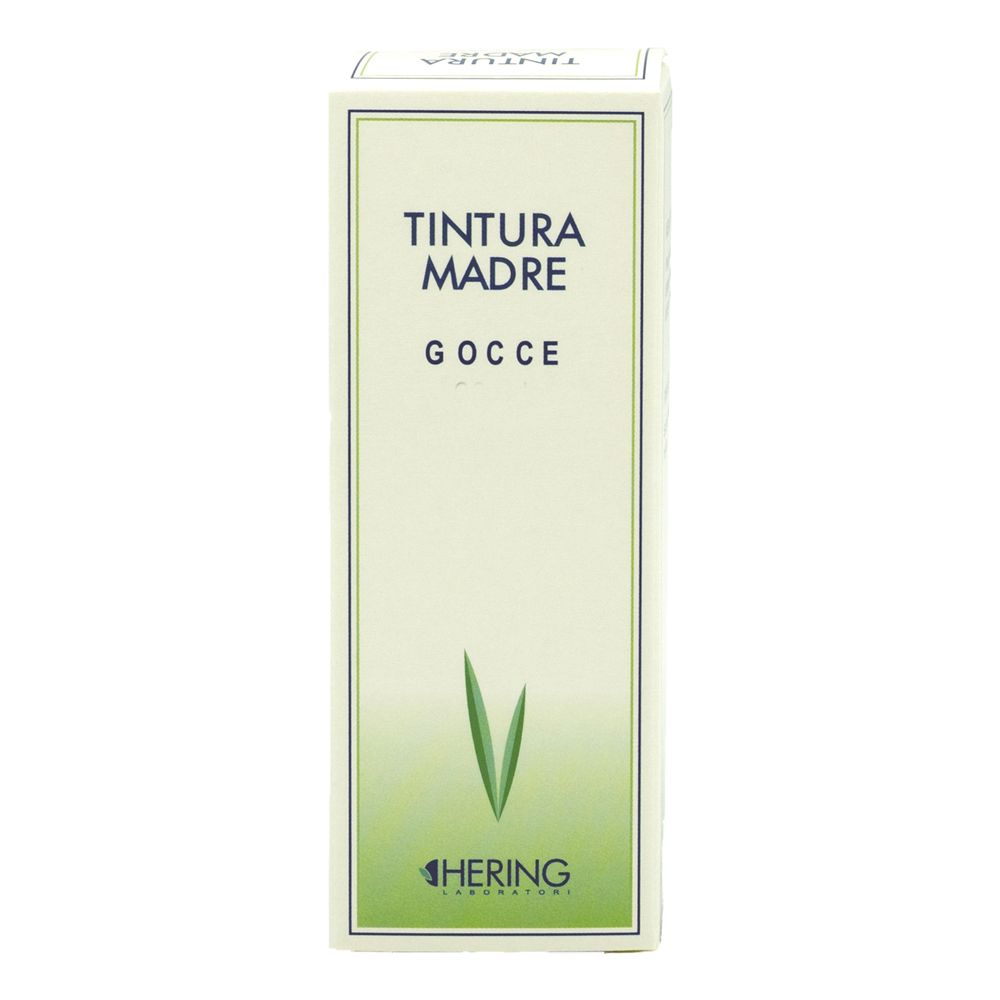 Scatola bianca HERING con testo: Tintura Madre, Gocce. Logo in basso. Accenti verdi. Forma rettangolare.