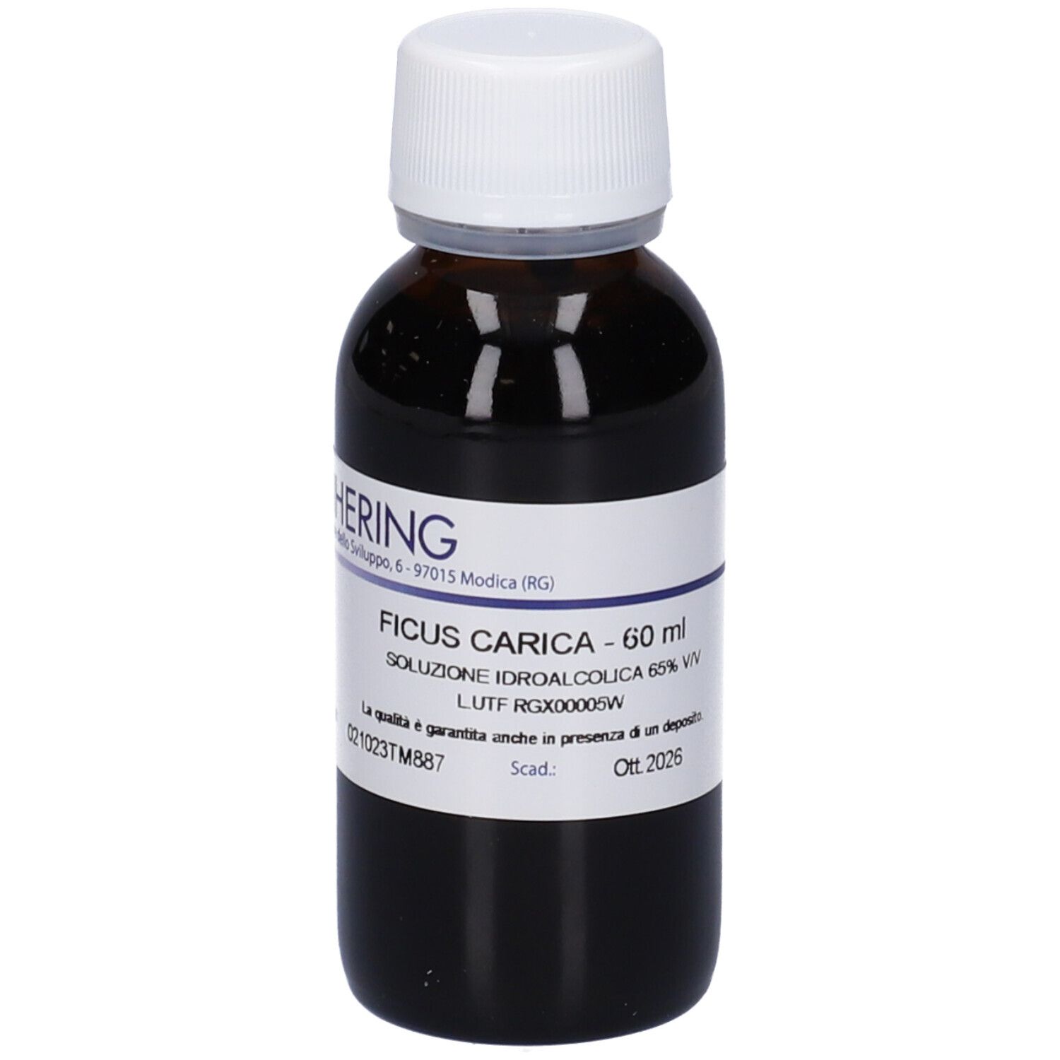 Flacone in vetro marrone, tappo bianco. Etichetta: Ficus Carica - 60 ml, Soluzione Idroalcolica 65% Vol. HERING.