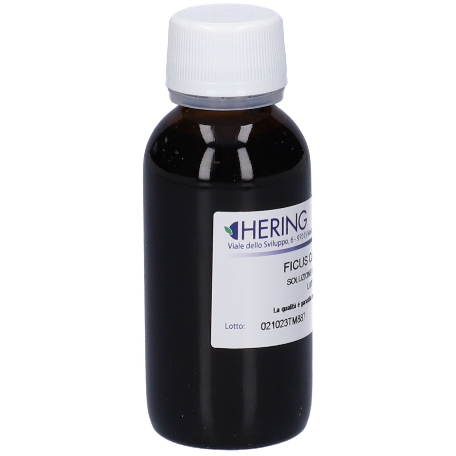 Flacone in vetro marrone, tappo bianco. Etichetta: Ficus Carica - 60 ml, Soluzione Idroalcolica 65% Vol. HERING.