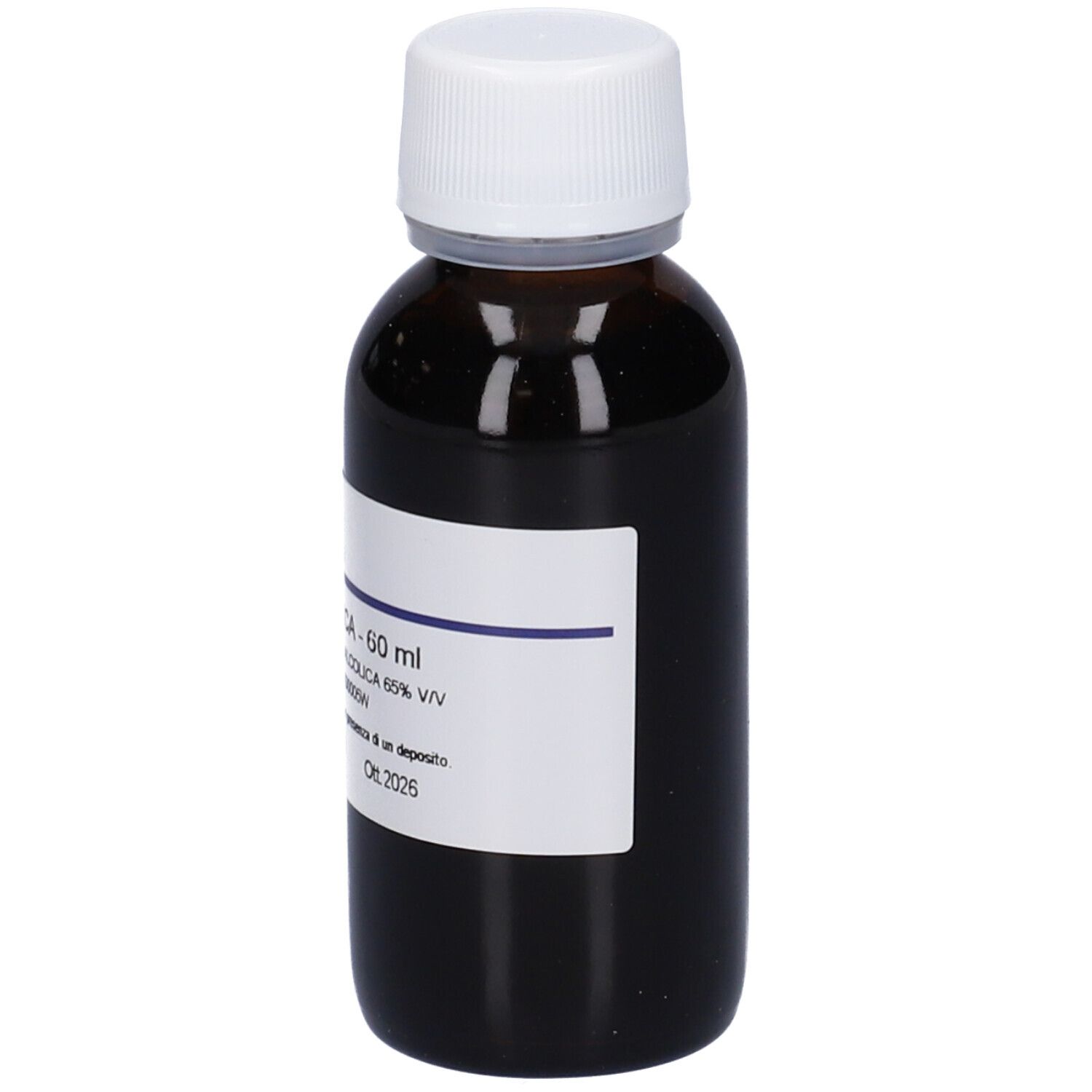 Flacone in vetro marrone, tappo bianco. Etichetta: Ficus Carica - 60 ml, Soluzione Idroalcolica 65% Vol.